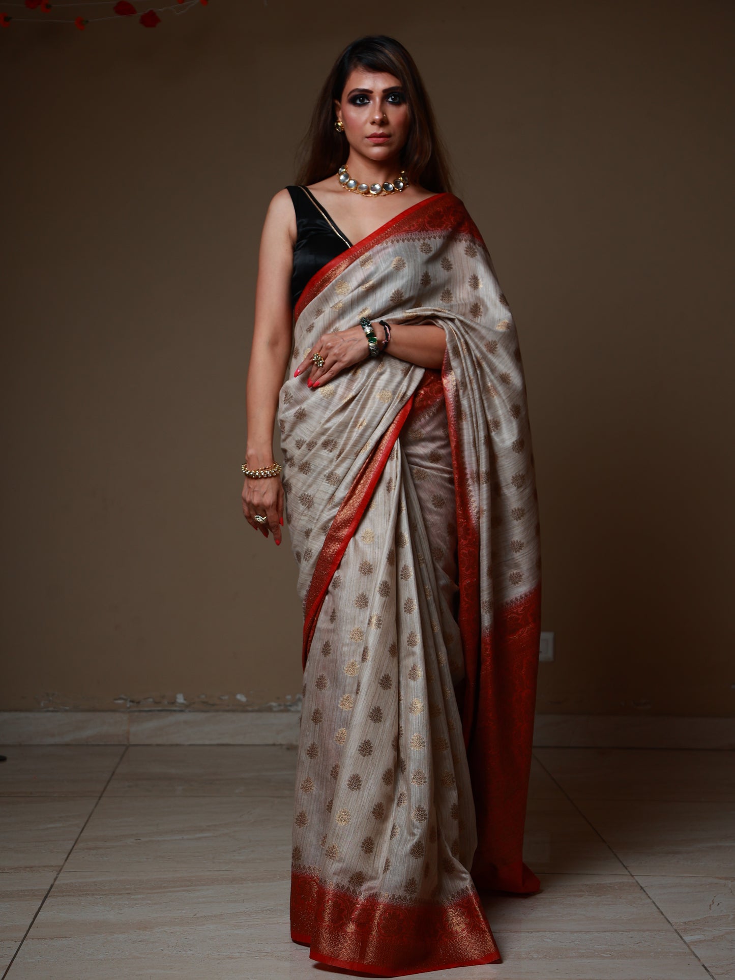 Beige and Rust Handloom Baswada Silk Saree