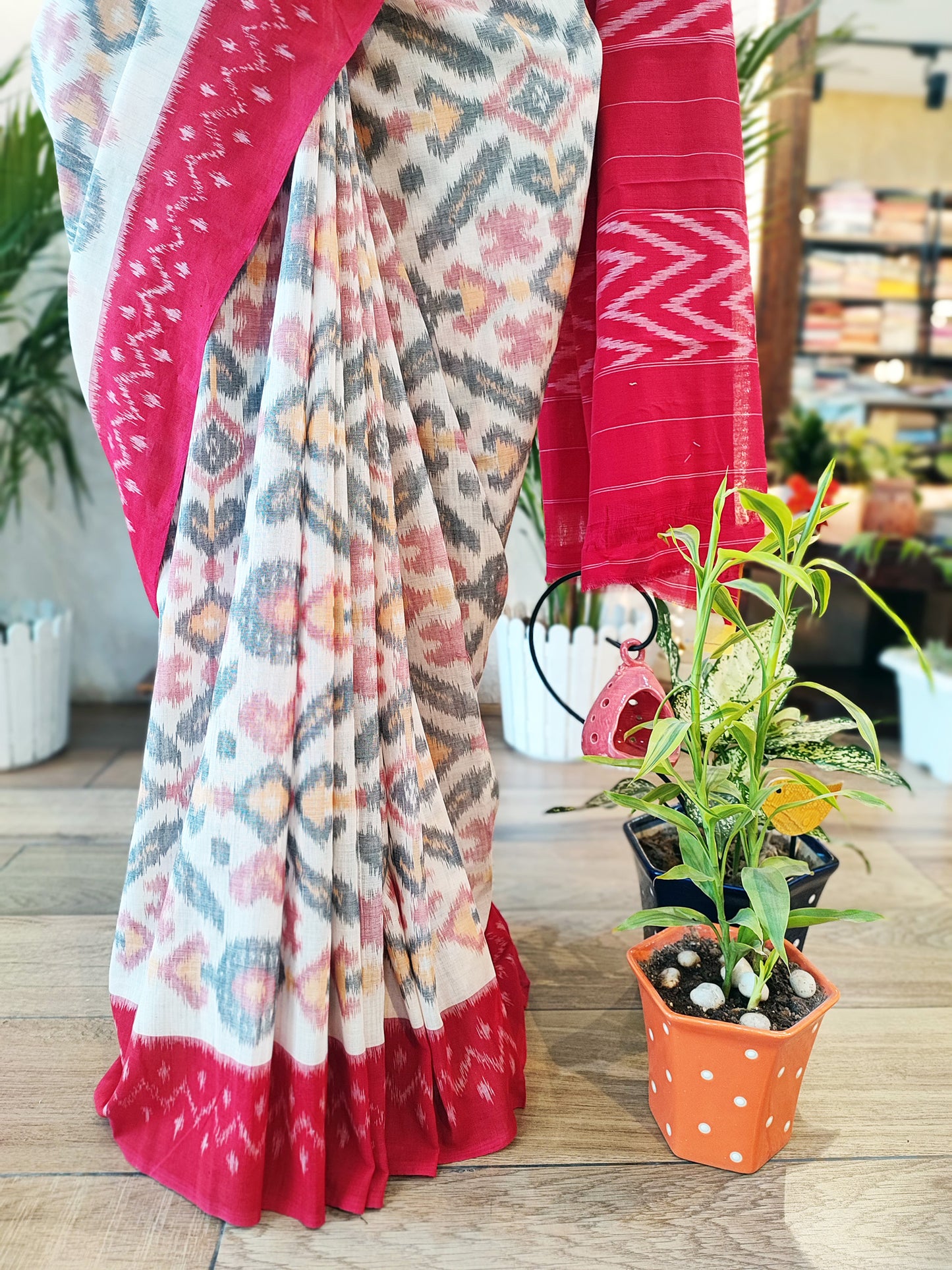 Cadmium Red and White Mercerized Cotton Ikkat Saree