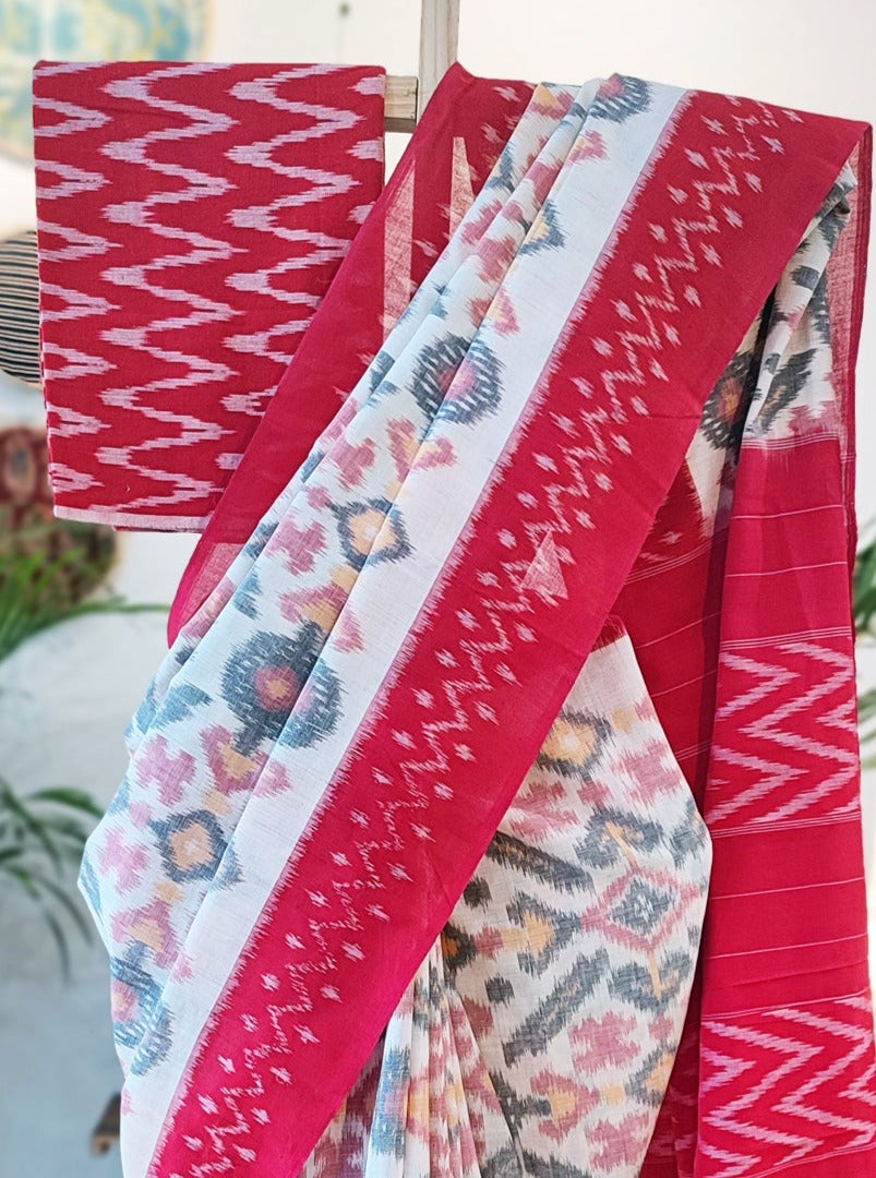 Cadmium Red and White Mercerized Cotton Ikkat Saree