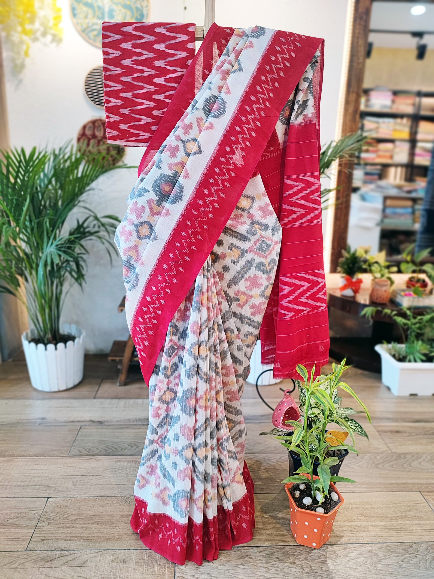 Cadmium Red and White Mercerized Cotton Ikkat Saree