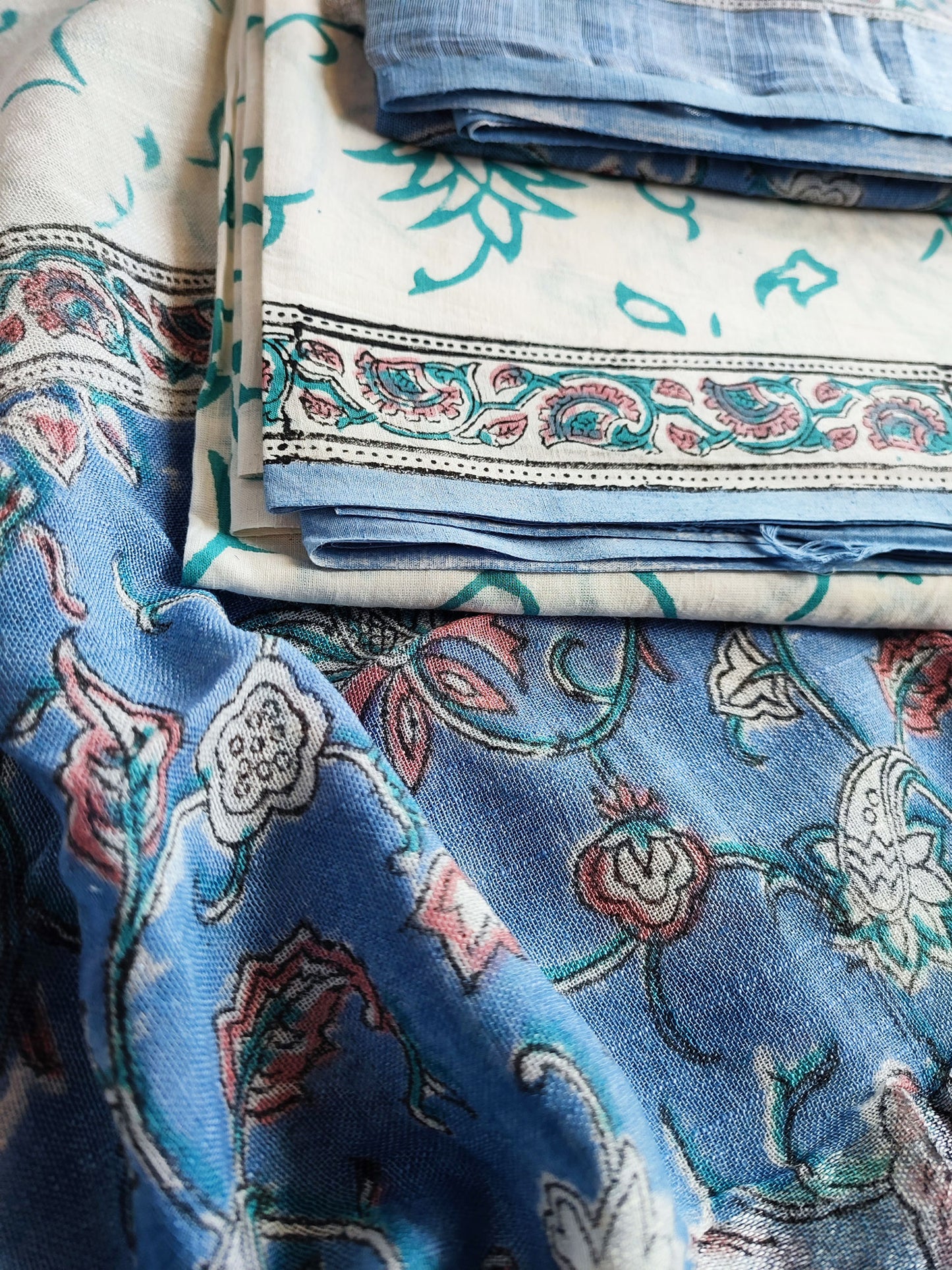 Denim Blue Handblock Print Cotton Linen Suit Set
