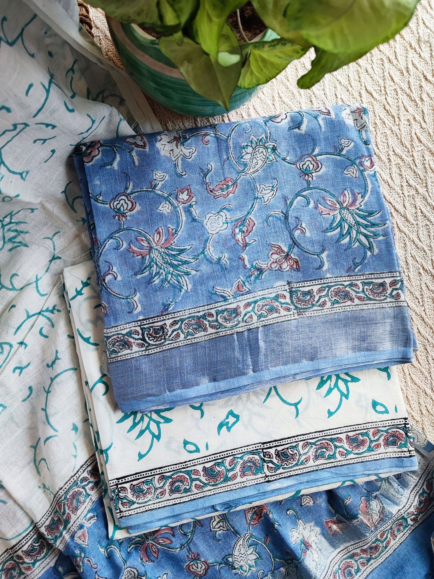 Denim Blue Handblock Print Cotton Linen Suit Set