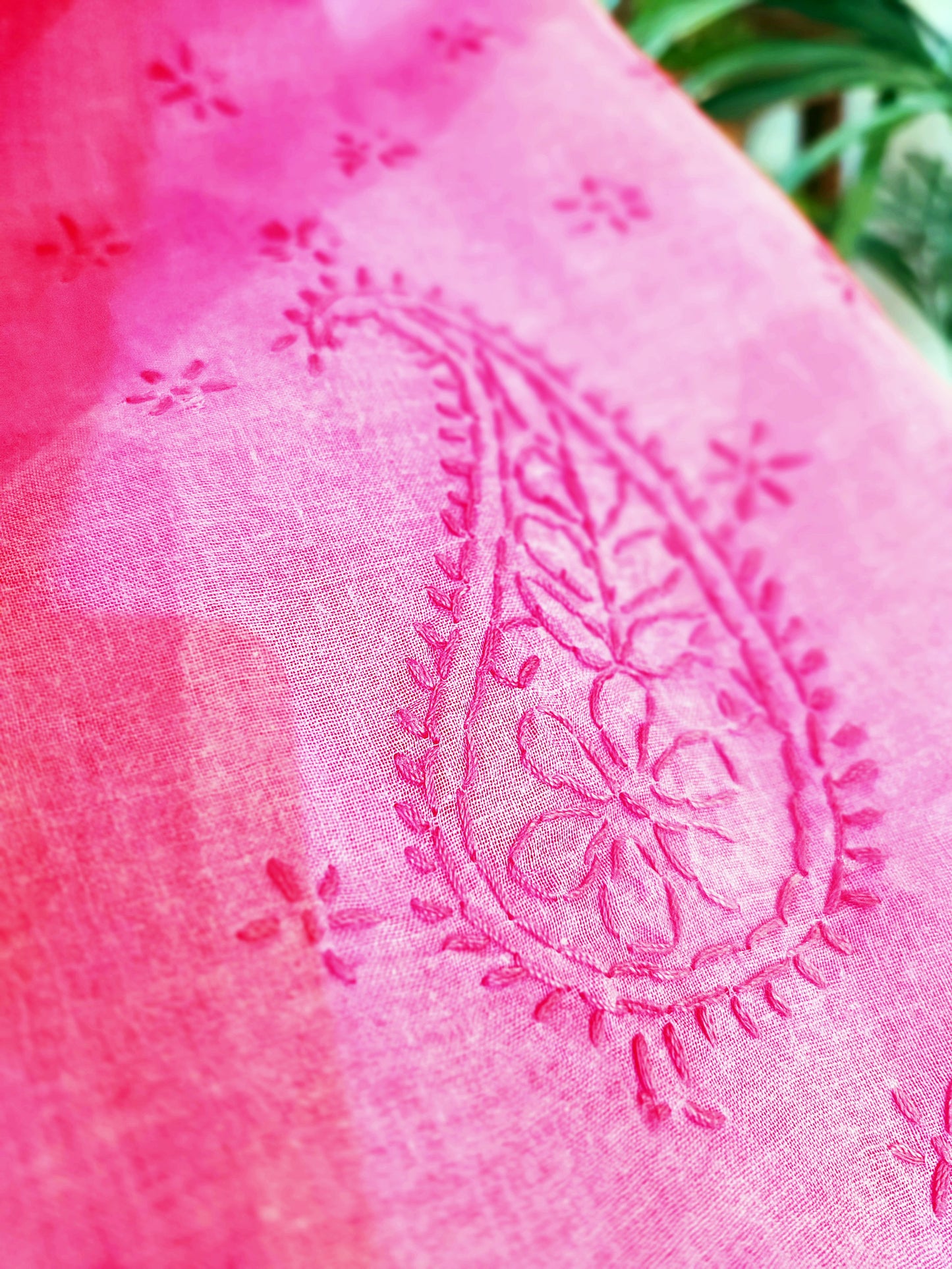 Magenta Pink Cotton Voile Saree With Lucknowi Handwork With Contrast Blouse