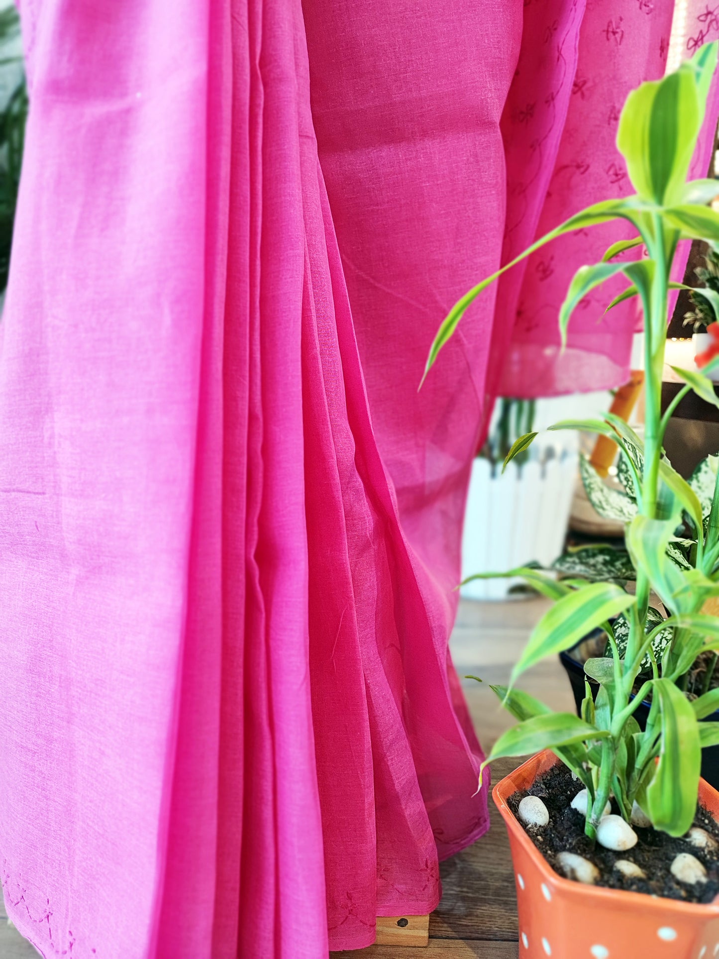 Magenta Pink Cotton Voile Saree With Lucknowi Handwork With Contrast Blouse