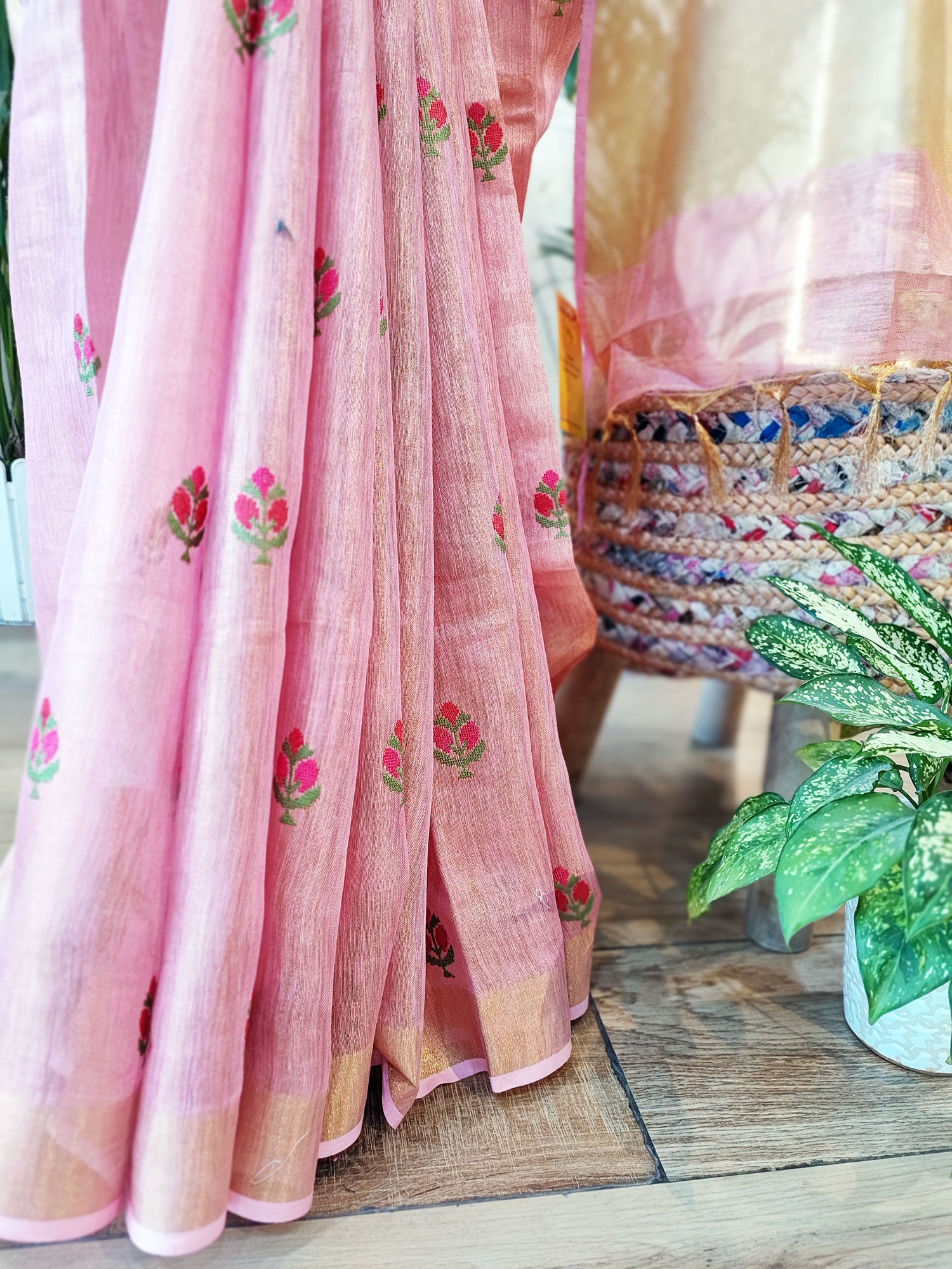 Flamingo Pink Embroidered Tissue Silk Saree