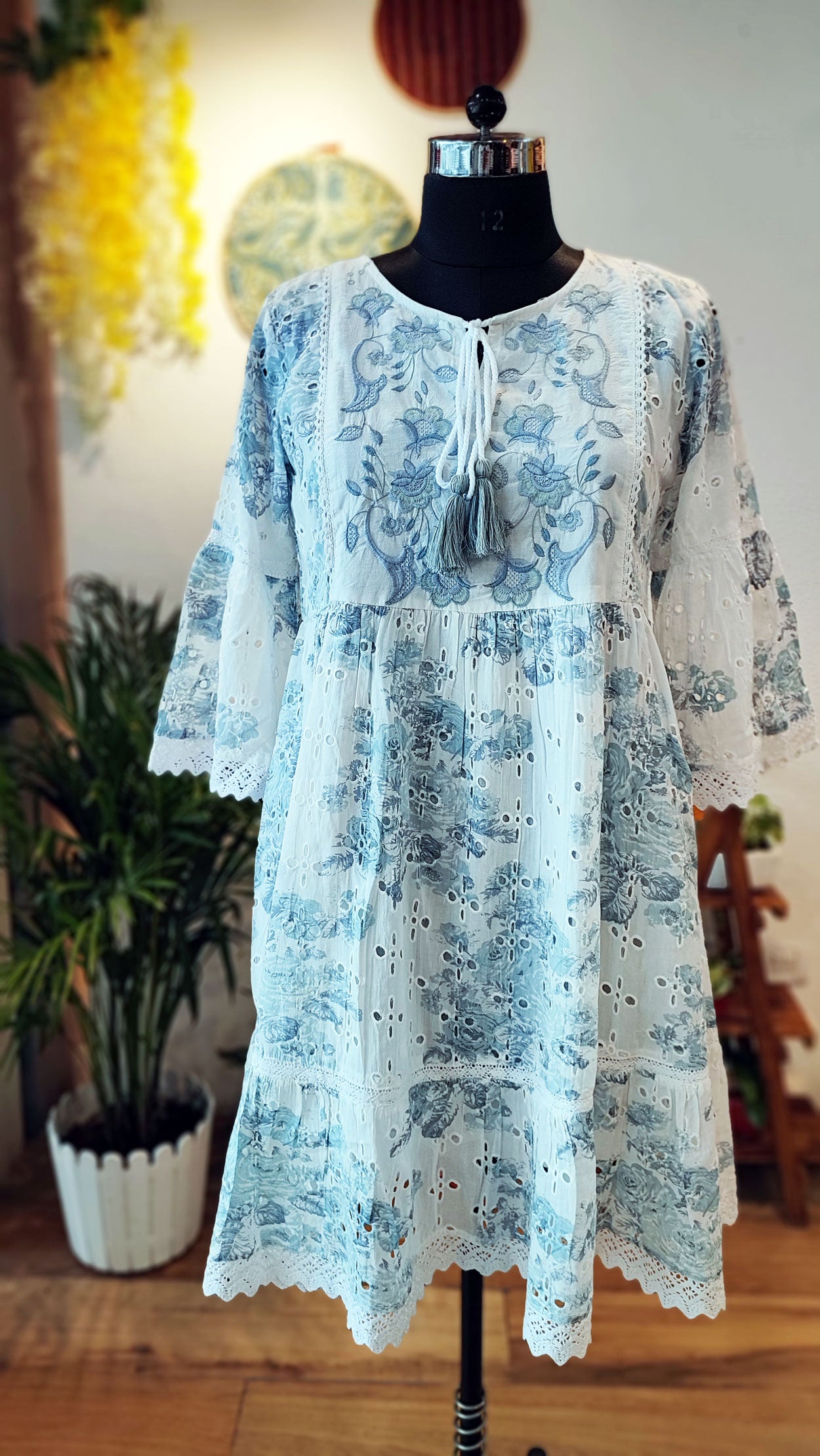 Moonlight White Mid-length Cotton Mulmul Dress With Ink Blue Embroidery