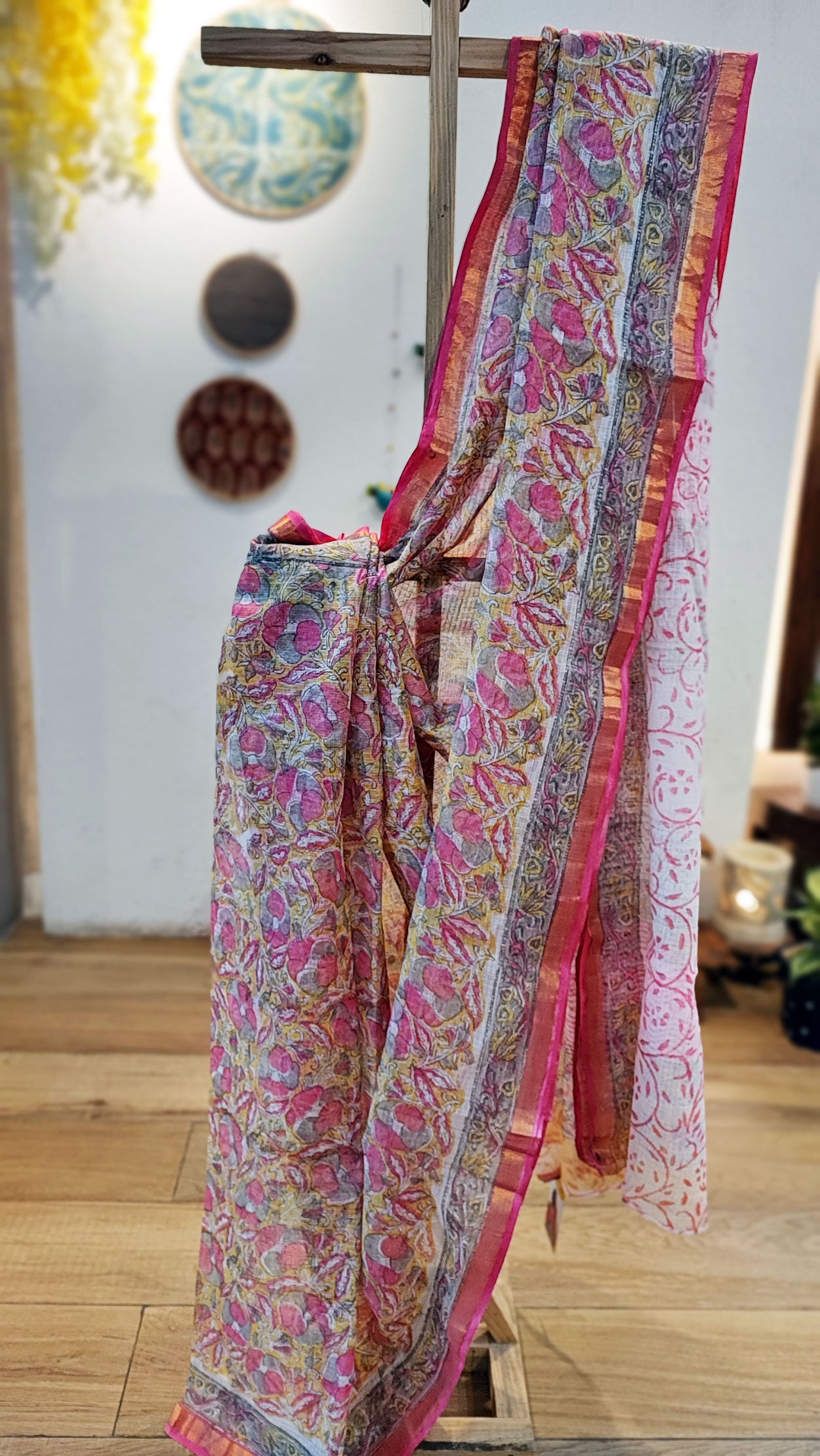 Pink & Yellow Kota Doria Saree with Handblock Prints