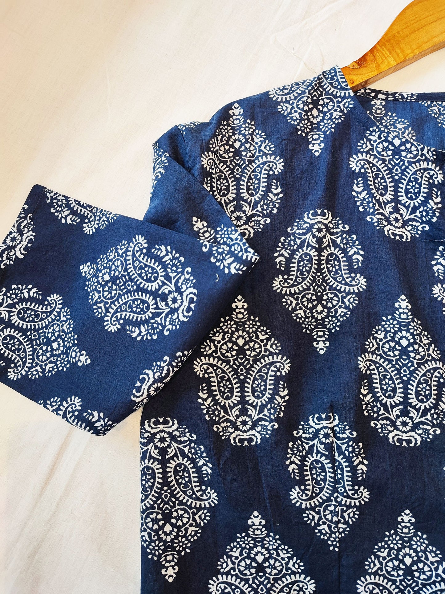 Navy Blue Cotton Handblock Printed Contemporary Blouse/ Crop Top