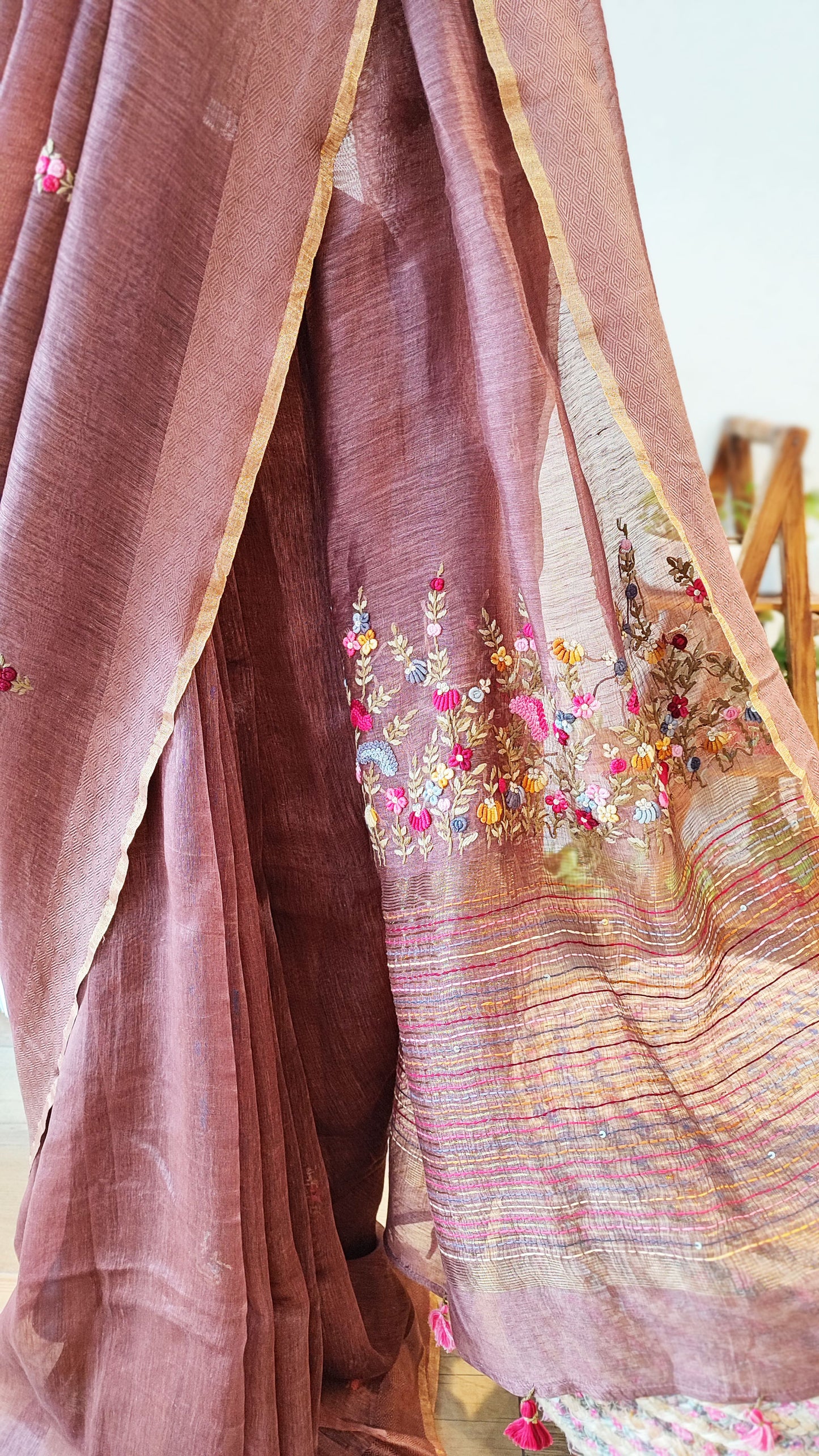 Rust Linen Silk Saree With Hand Embroidery and Zari Border