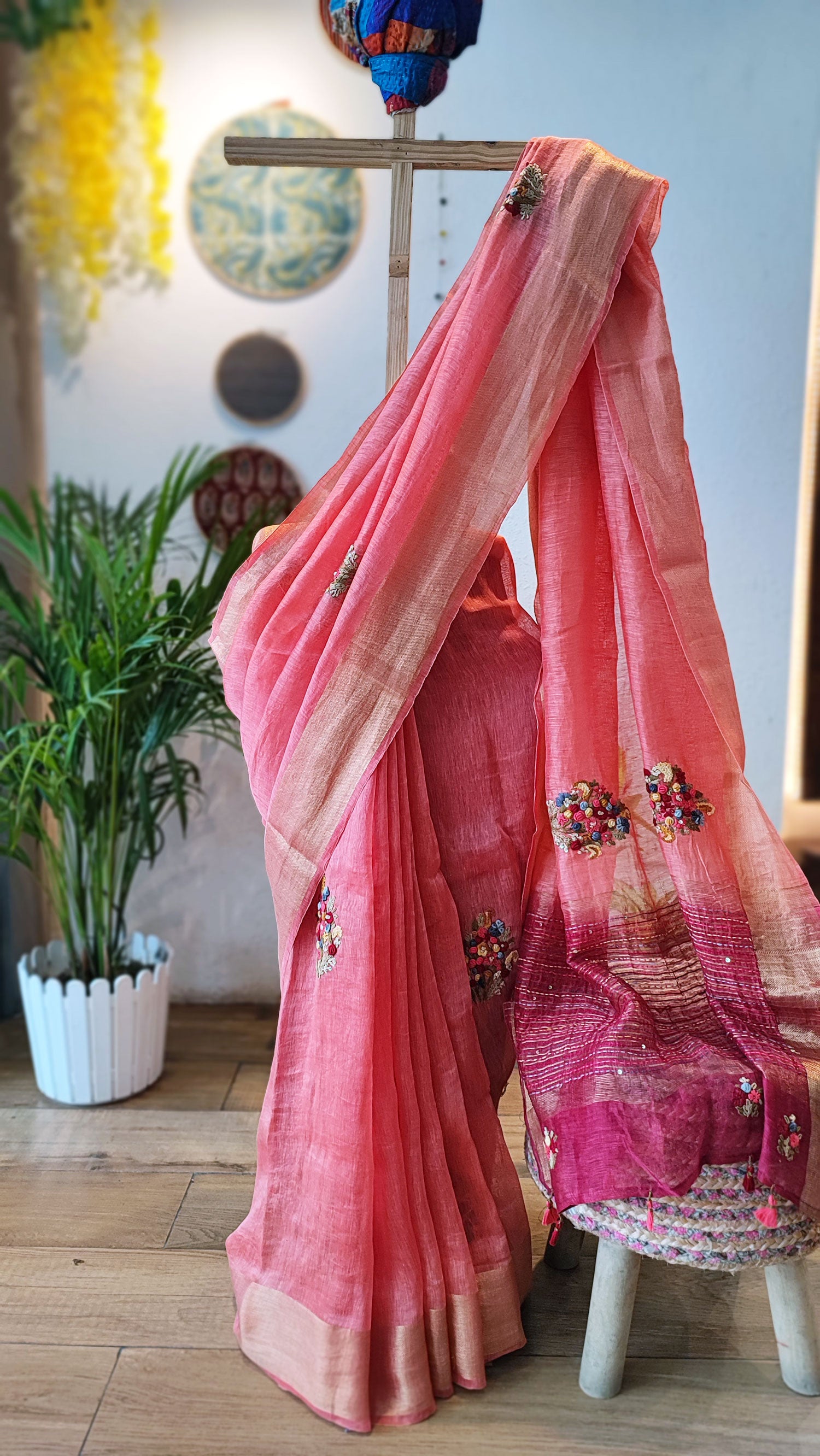 Linen Saree with Printed in Pink - SR23433