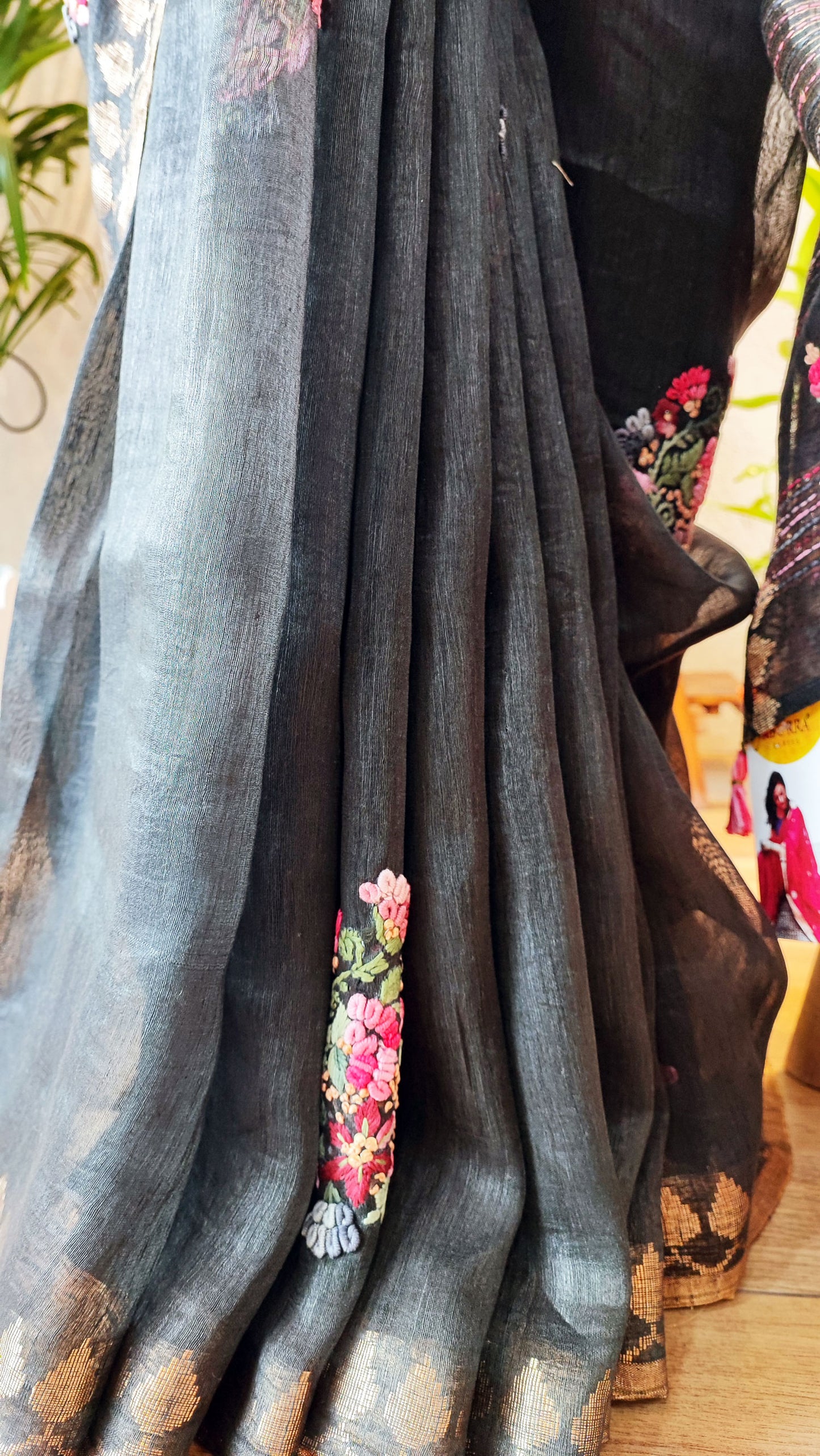 Charcoal Black Linen Silk Saree With Hand Embroidery