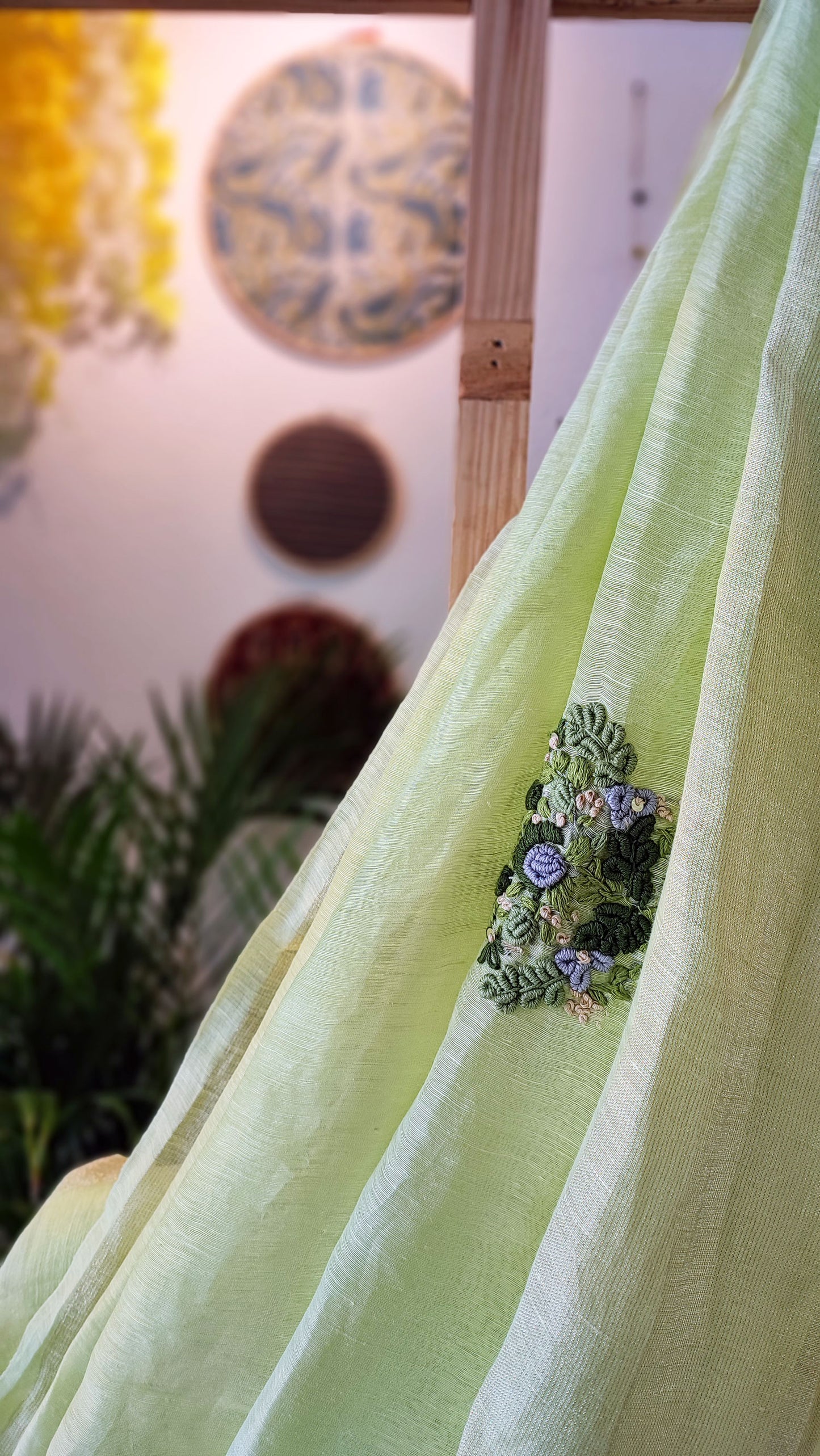 Khus Green Linen Silk Saree With Hand Embroidery and Zari Border