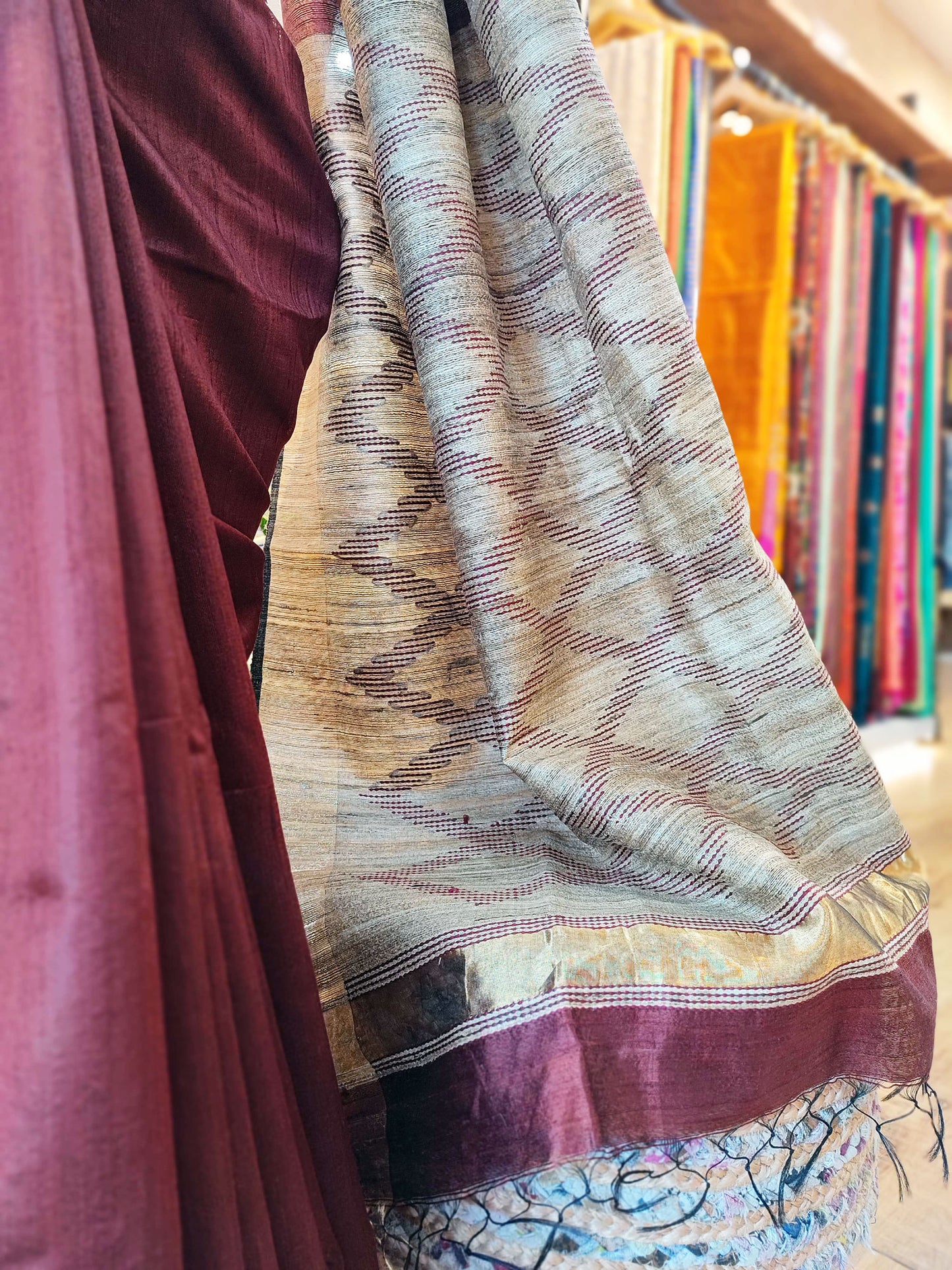 Maroon & Cream Dual Shade Kosa Silk Saree