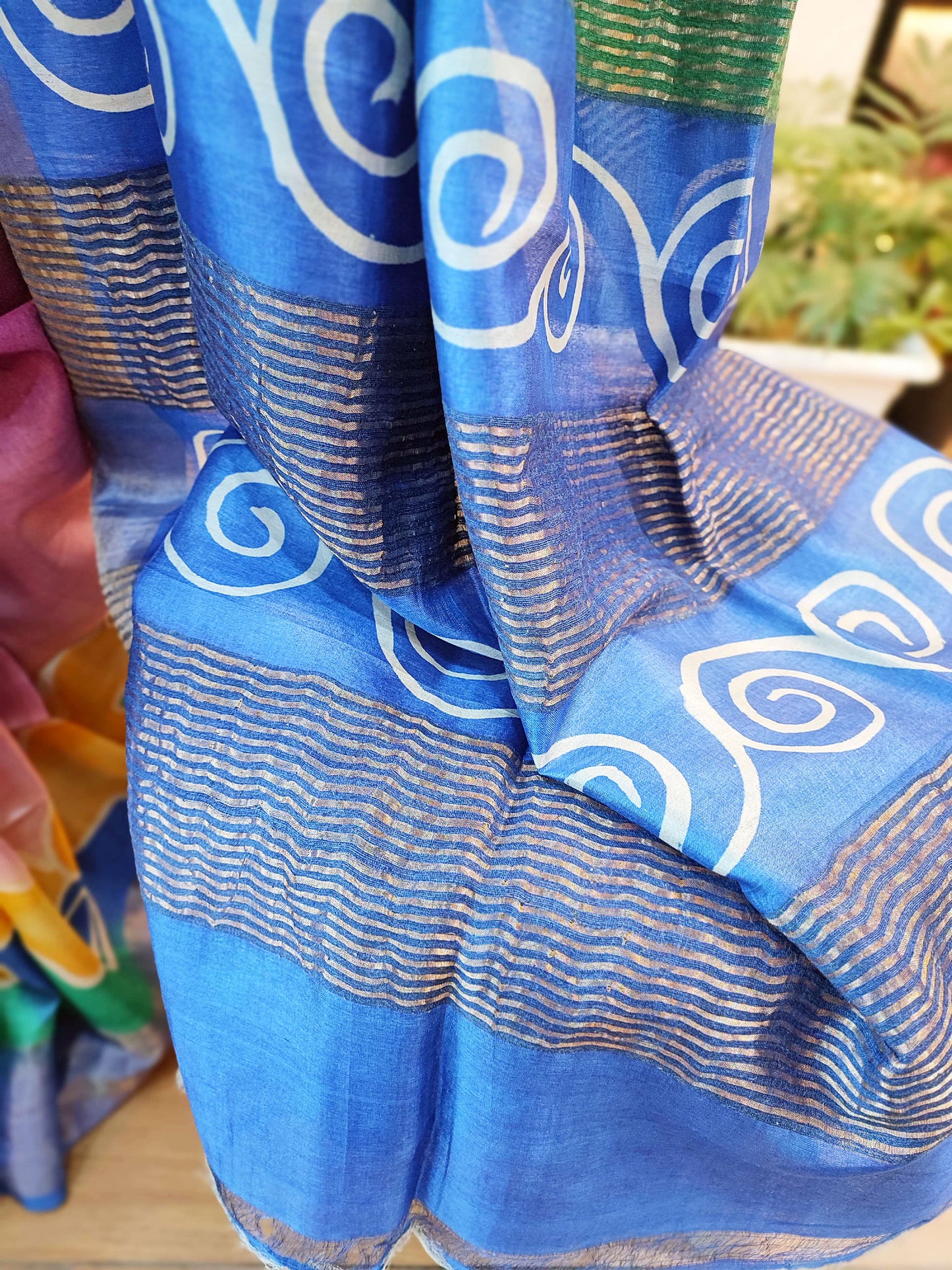 Blue & Purple Pure Tassar Silk Handpainted Silk Saree