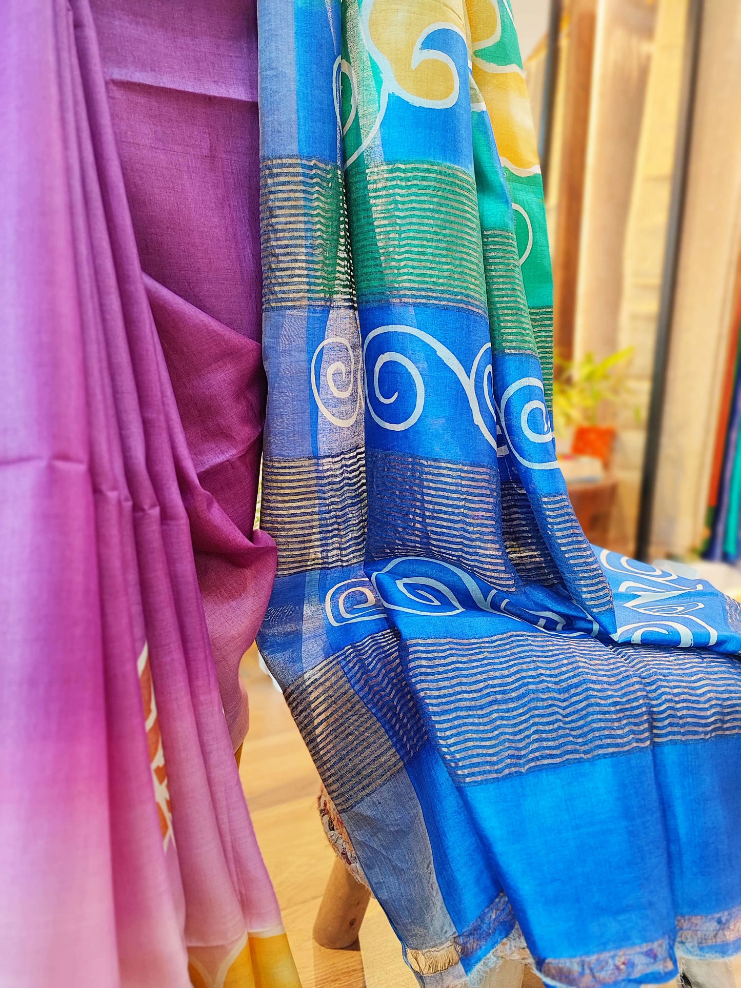 Blue & Purple Pure Tassar Silk Handpainted Silk Saree