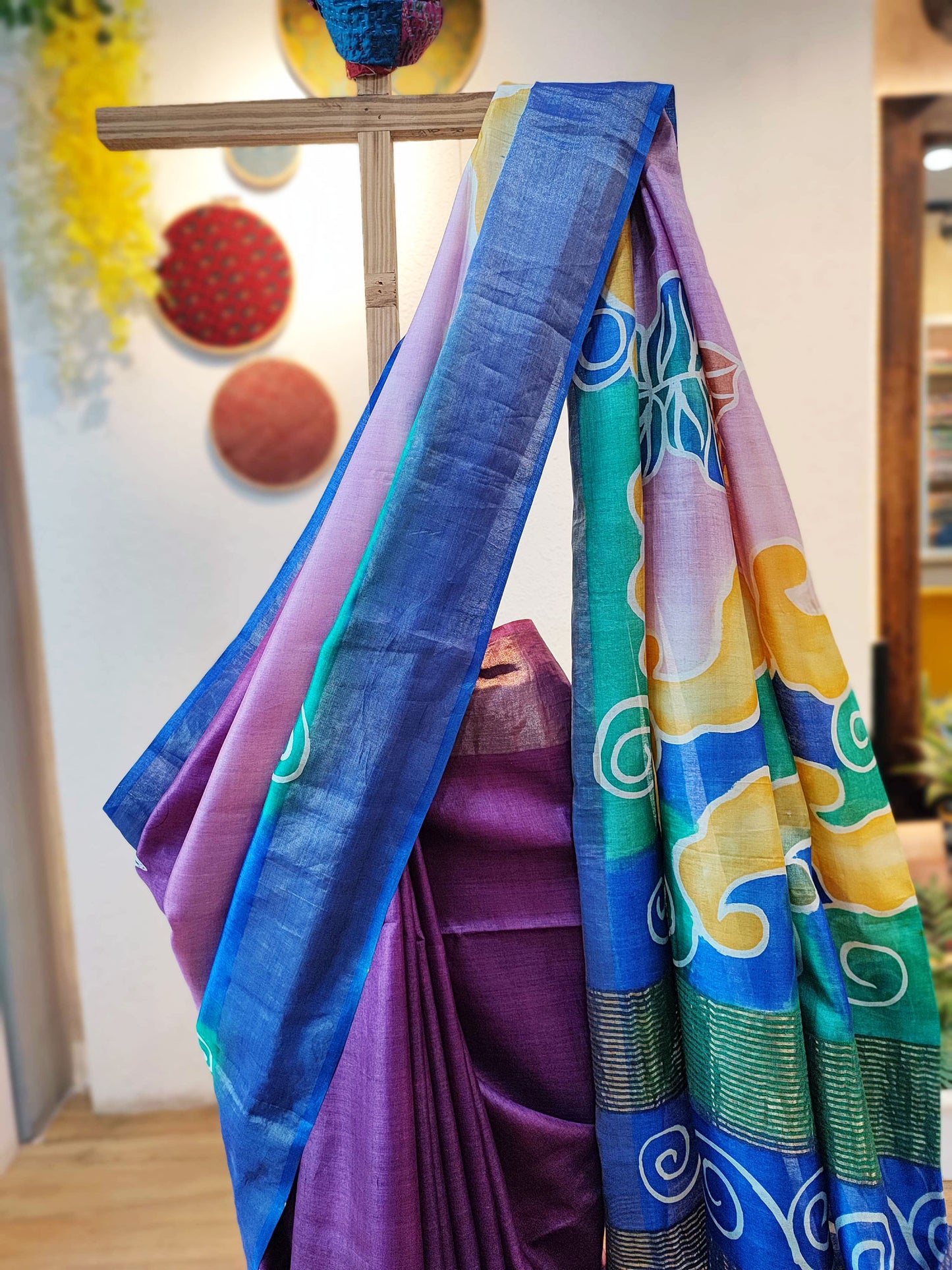 Blue & Purple Pure Tassar Silk Handpainted Silk Saree