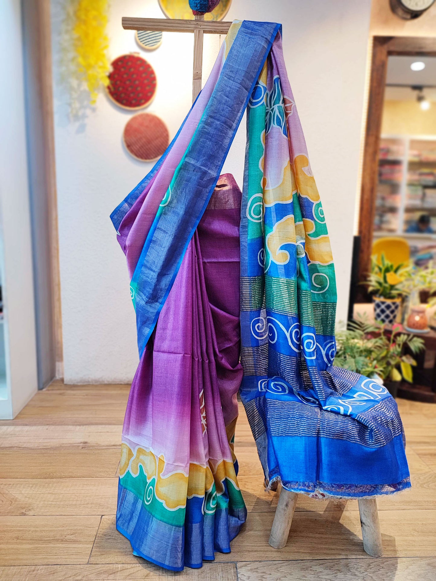 Blue & Purple Pure Tassar Silk Handpainted Silk Saree