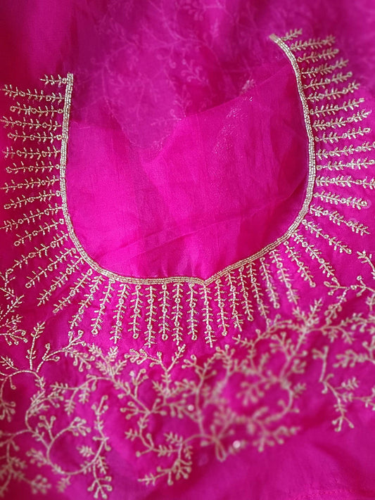 Hot Pink Semi Organza Saree With Handwork Border & Blouse