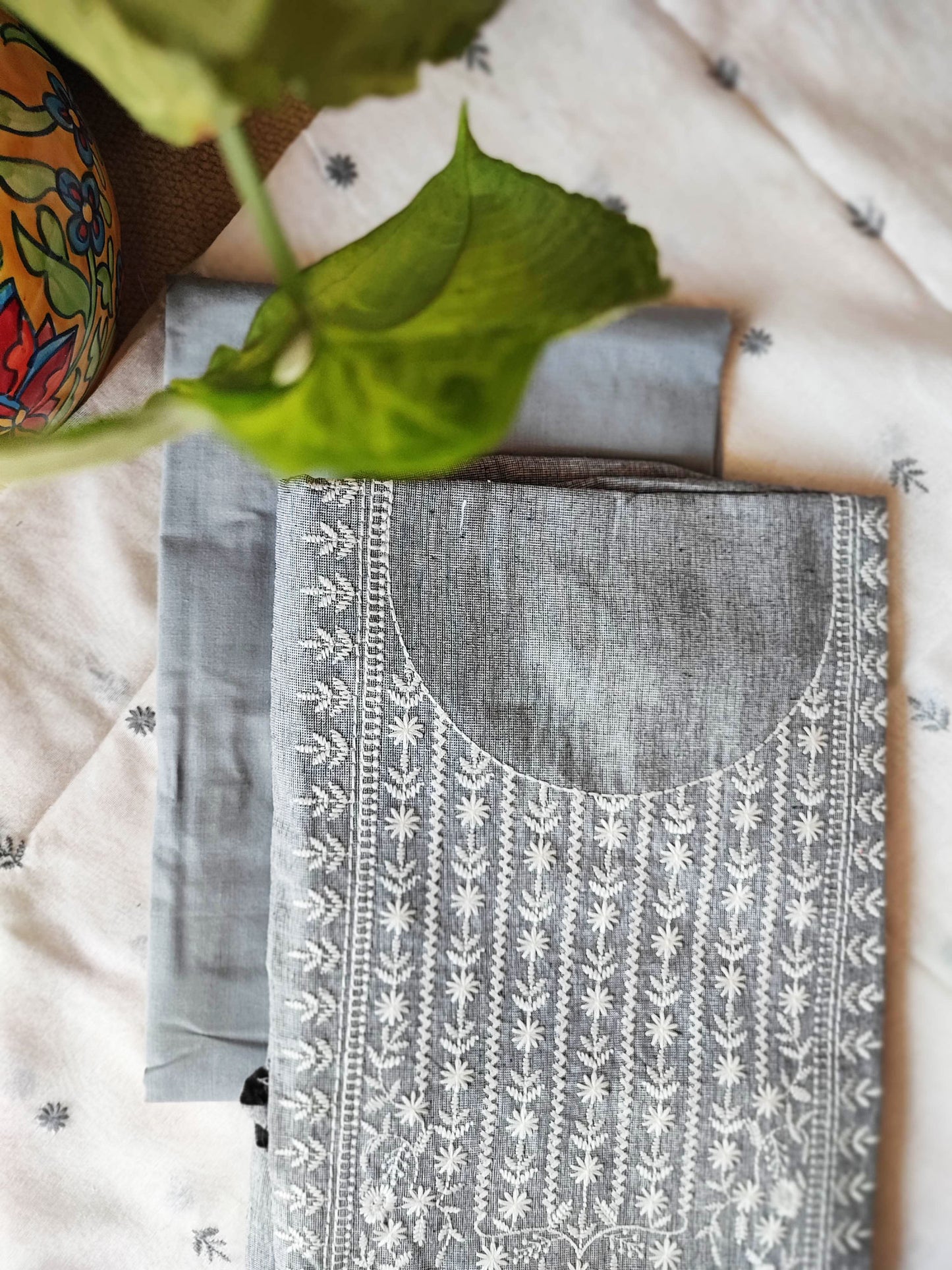 Stone Gray Cotton Suit Set With Embroidery