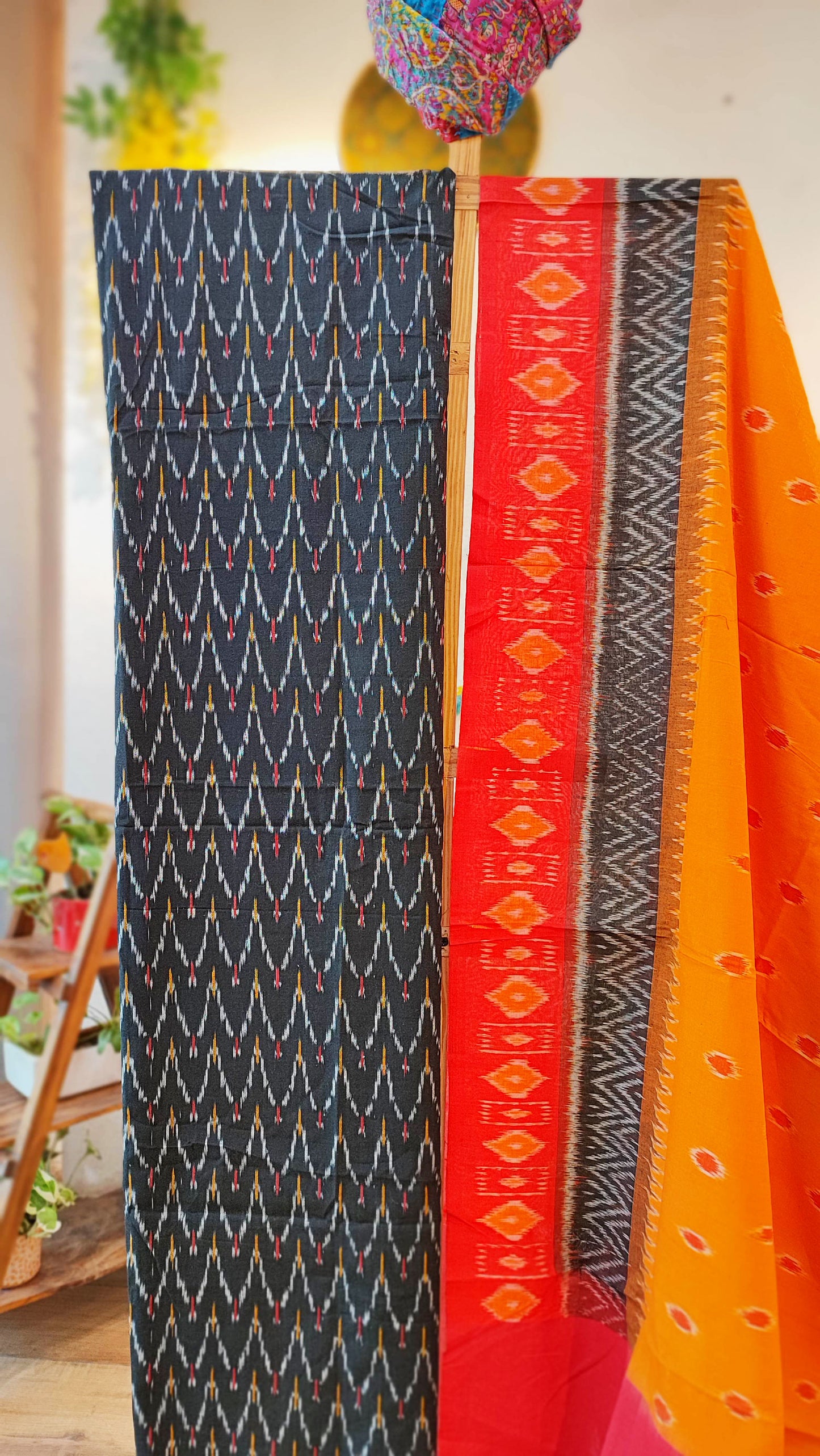 Red, Orange & Charcoal Pure Cotton Handloom Ikkat Suit Set