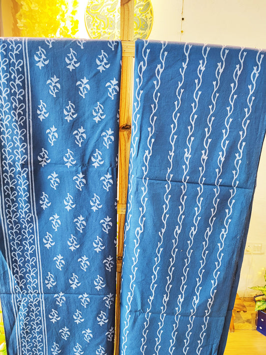 Blue Vanaspati Pure Cotton Suit Set with Chiffon Dupatta