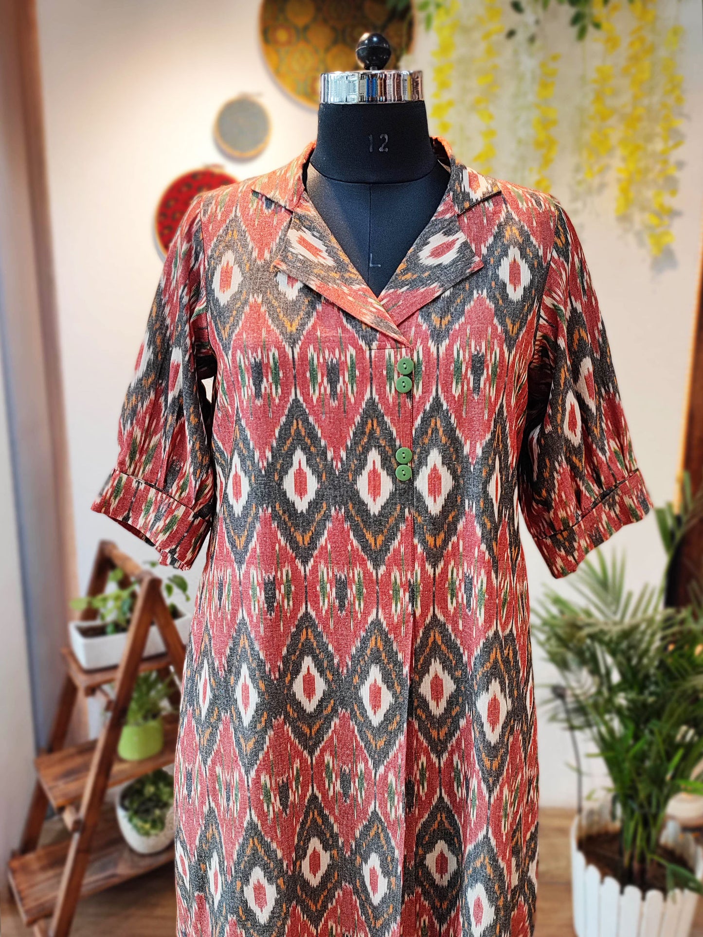 Brick Red & Charcoal Pure Ikkat Handloom Indo Western Dress