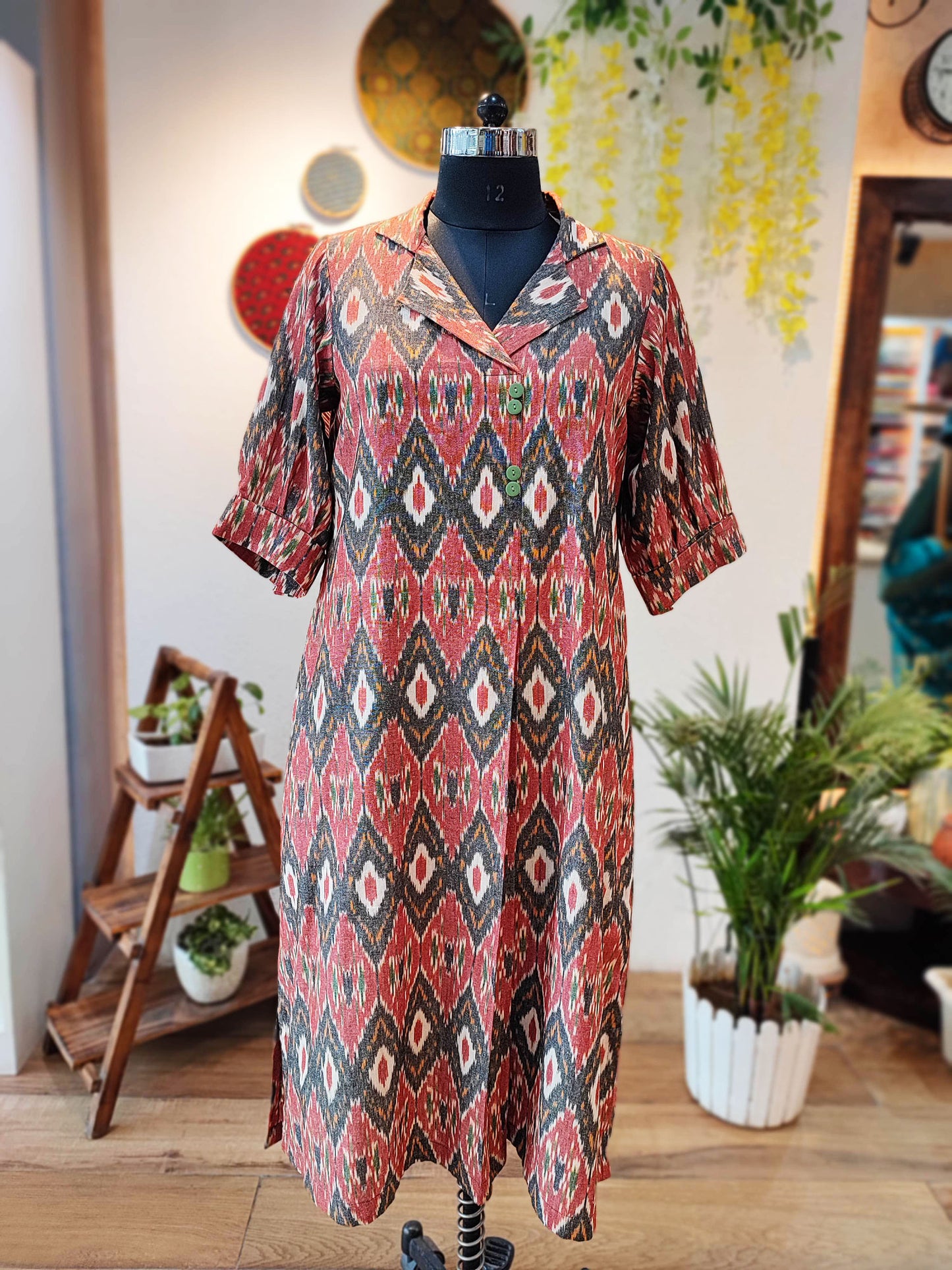 Brick Red & Charcoal Pure Ikkat Handloom Indo Western Dress