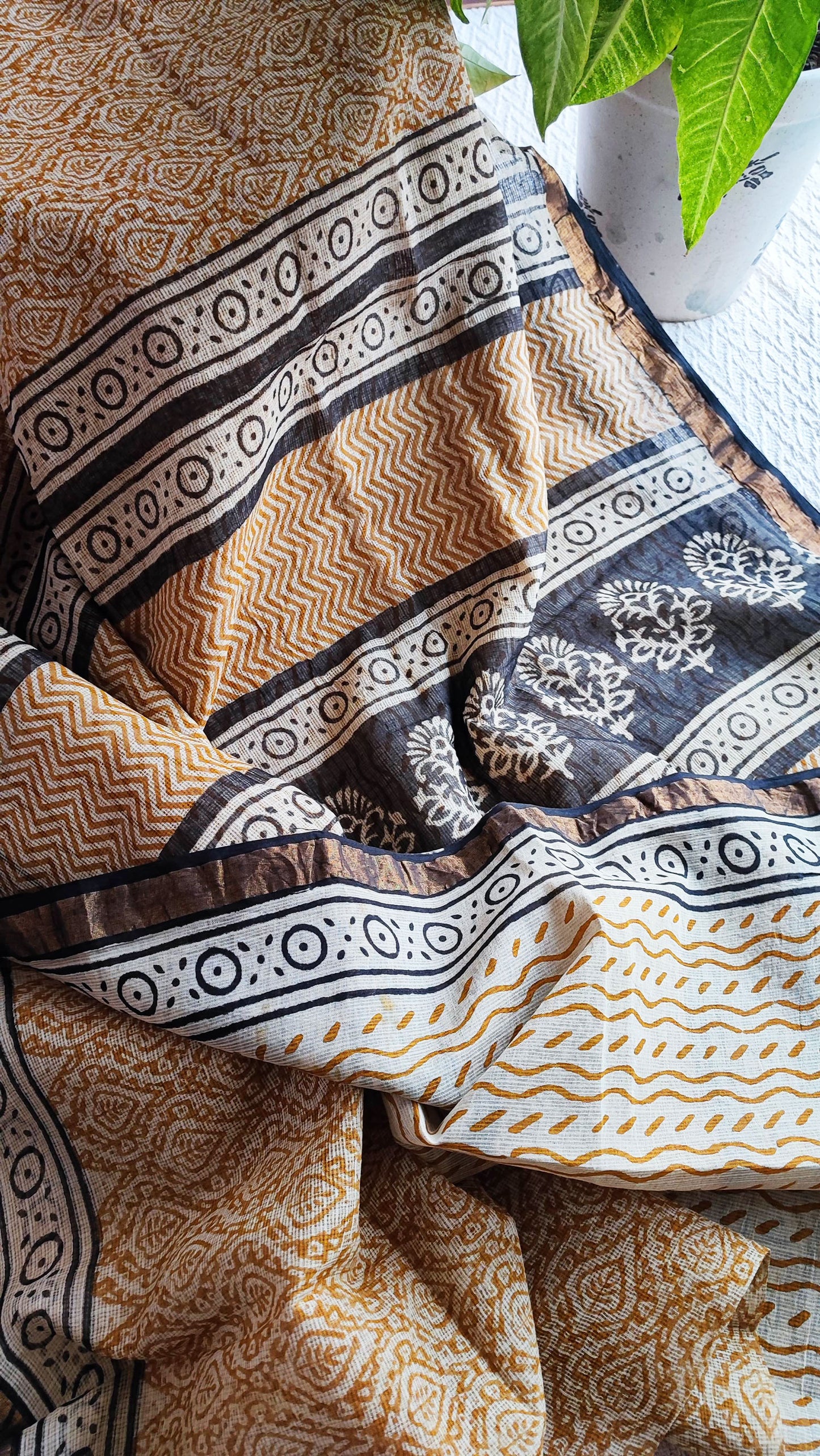 Tan, Black & White Premium Kota Doria Handblock Printed Saree