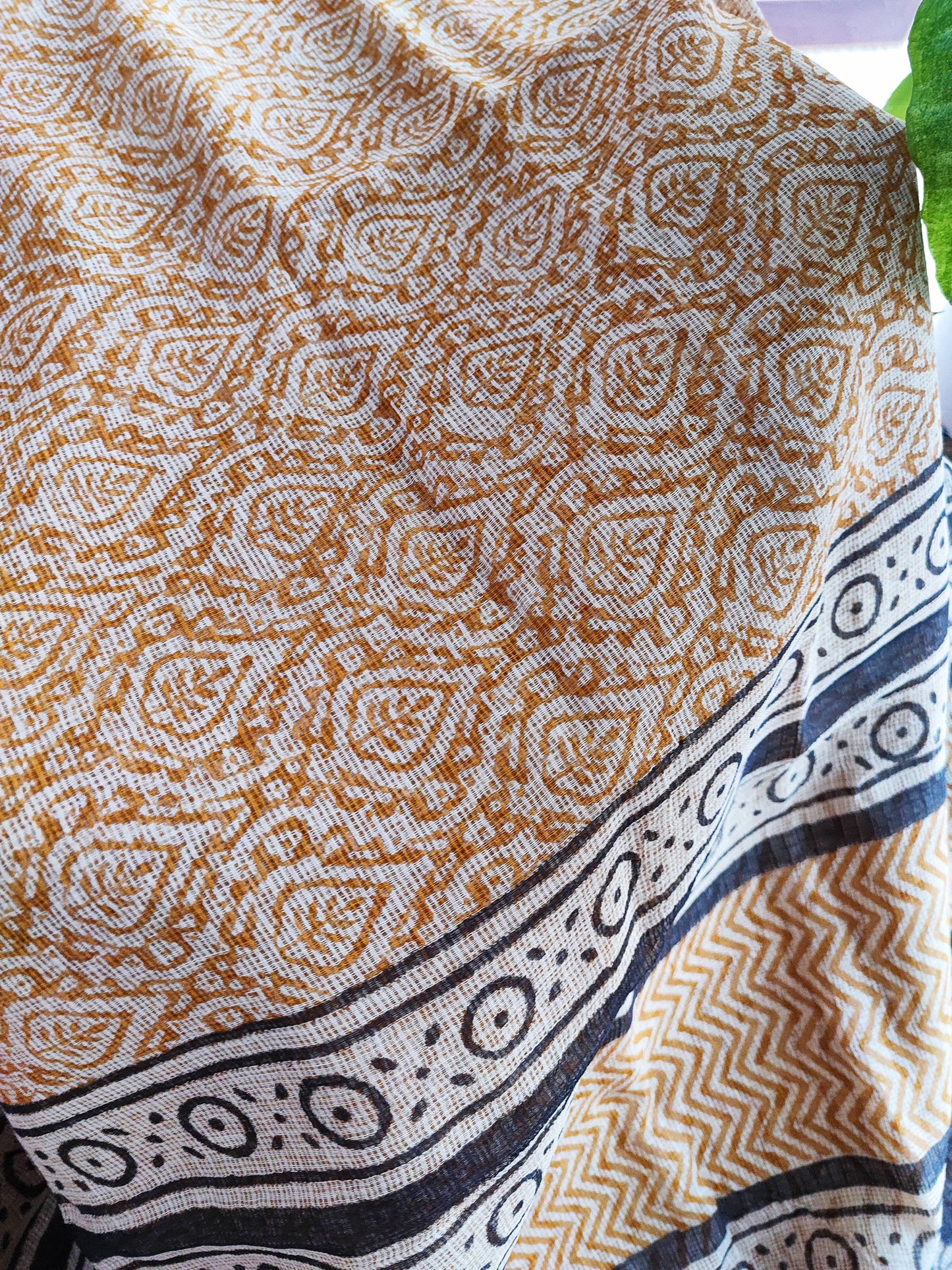 Tan, Black & White Premium Kota Doria Handblock Printed Saree