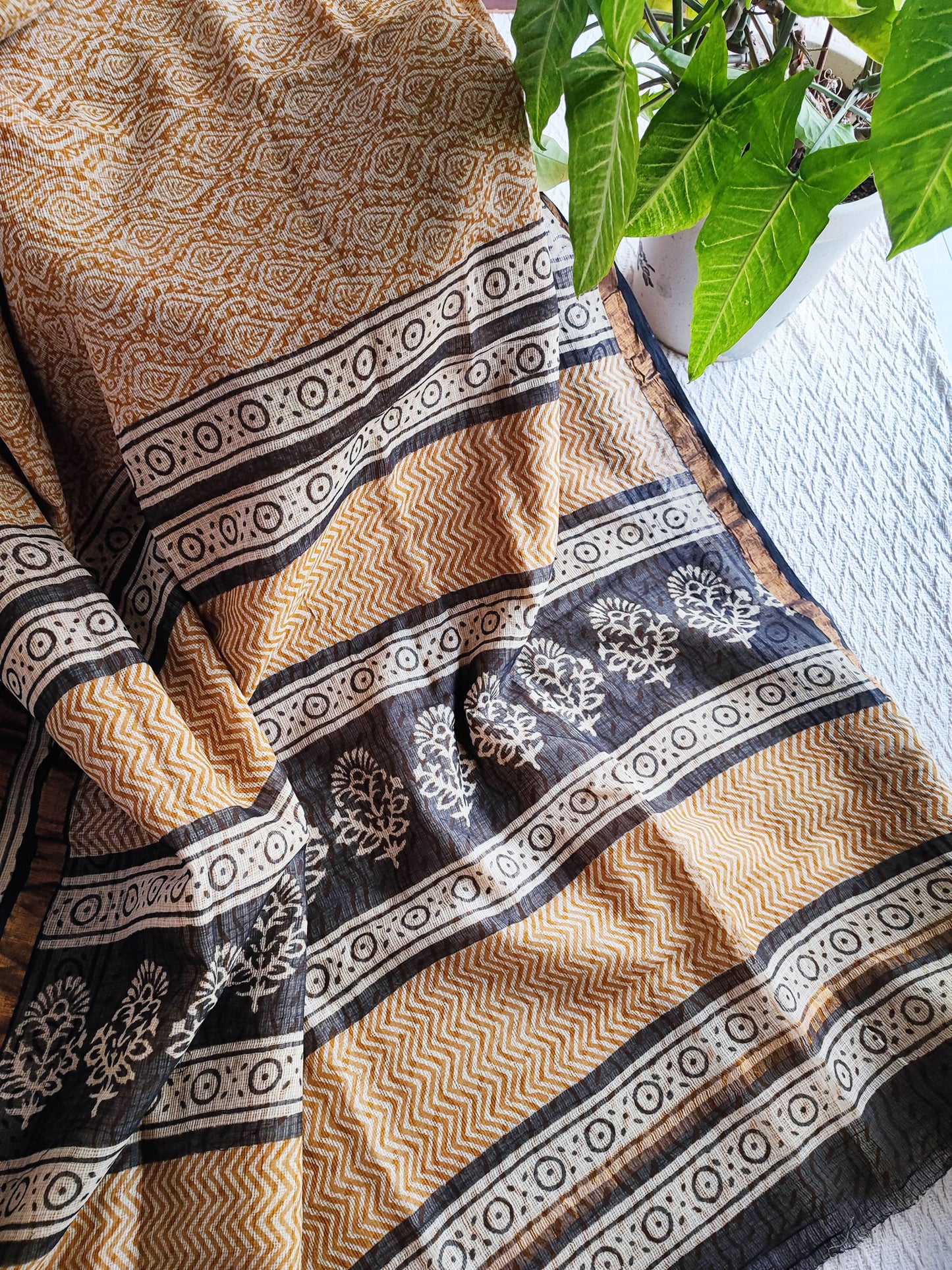 Tan, Black & White Premium Kota Doria Handblock Printed Saree