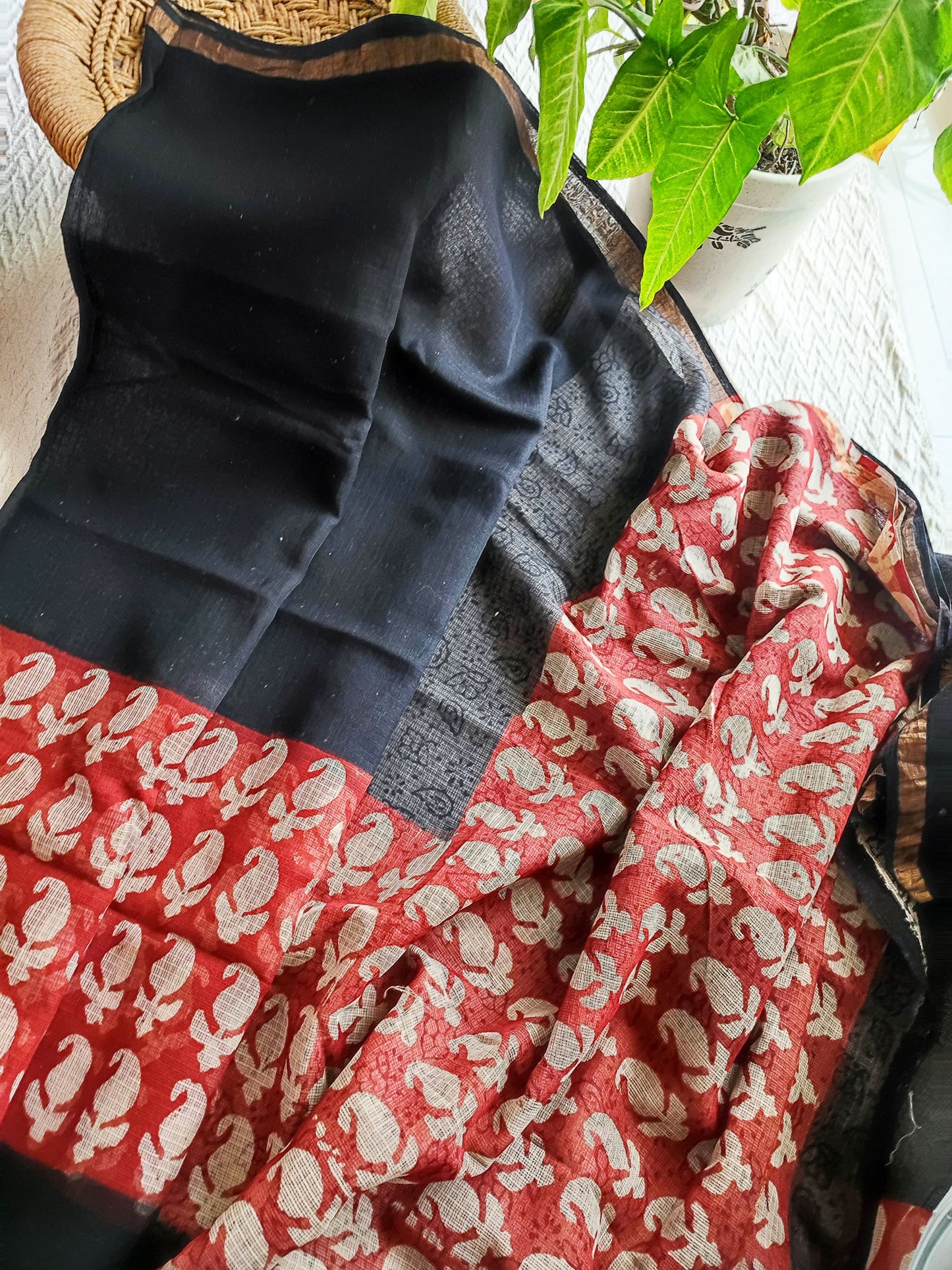 Black & Red Premium Kota Doria Handblock Printed Saree