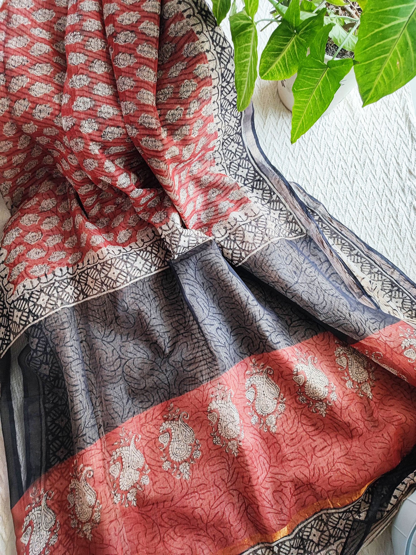 Black, White & Red Premium Kota Doria Handblock Printed Saree