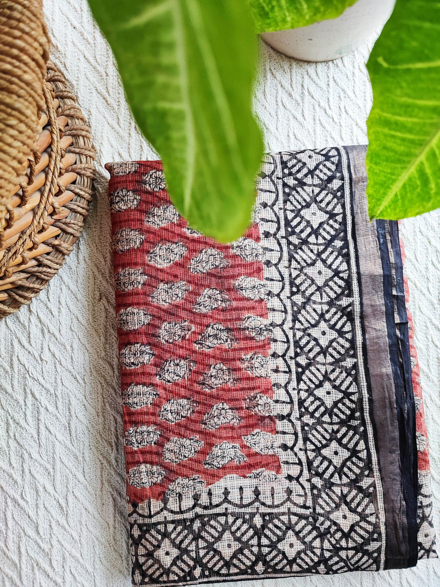 Black, White & Red Premium Kota Doria Handblock Printed Saree