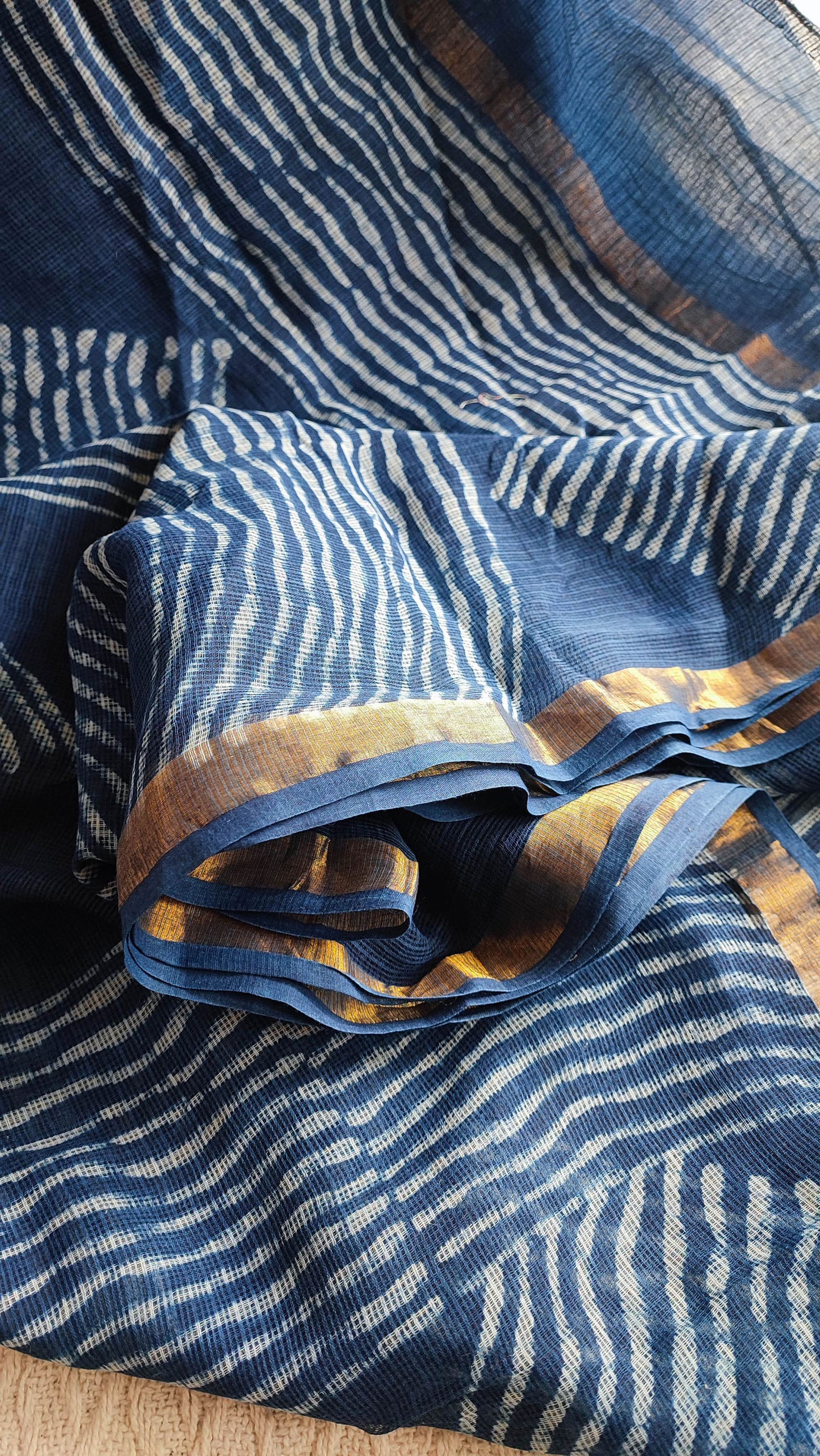 Denim Blue Premium Kota Doria Handblock Printed Saree