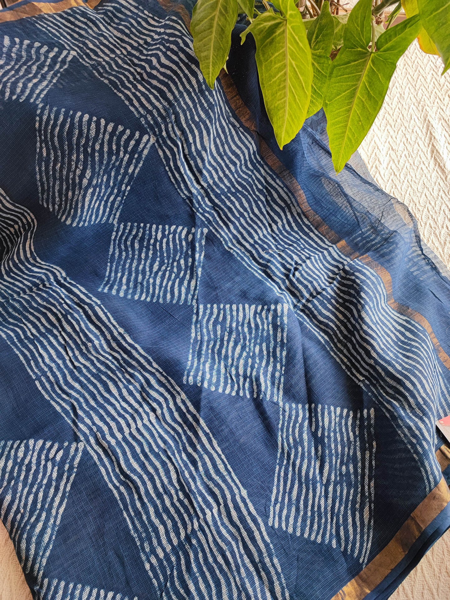 Denim Blue Premium Kota Doria Handblock Printed Saree