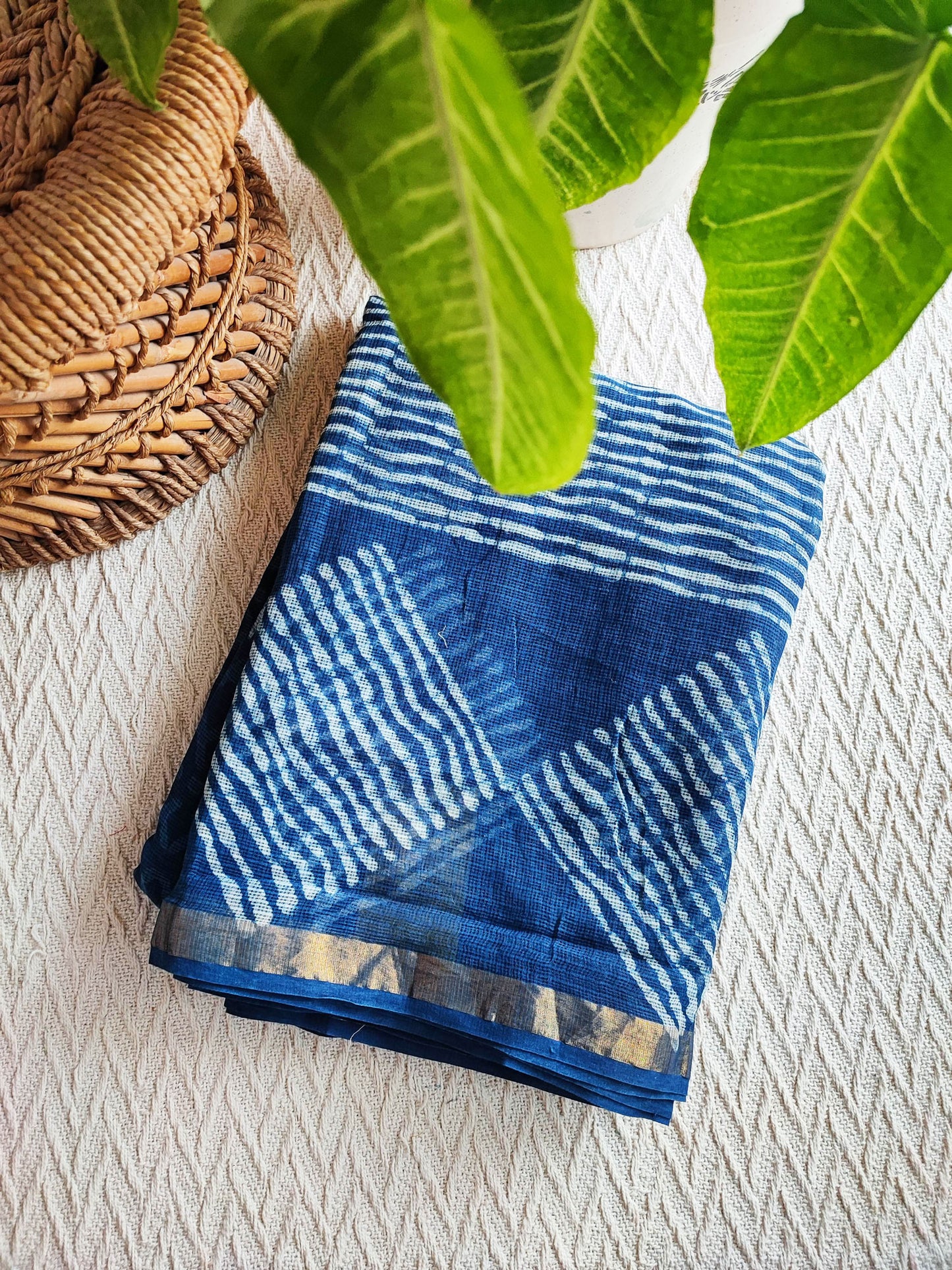 Denim Blue Premium Kota Doria Handblock Printed Saree