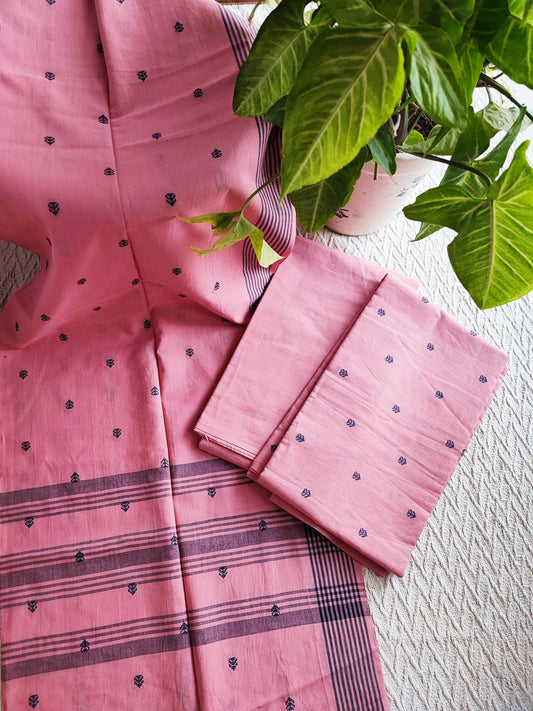 Pastel Pink Handloom Cotton Suit Set With Weaving