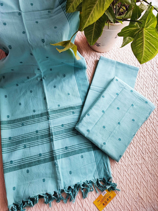 Sky Blue Handloom Cotton Suit Set With Weaving