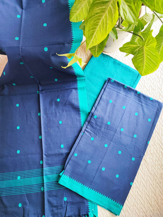 Azure Blue Handloom Cotton Suit Set With Weaving