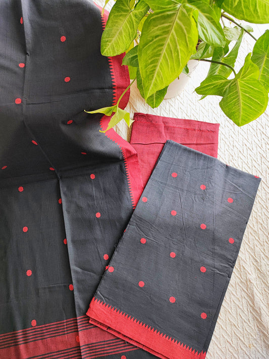 Black & Red Handloom Cotton Suit Set With Weaving
