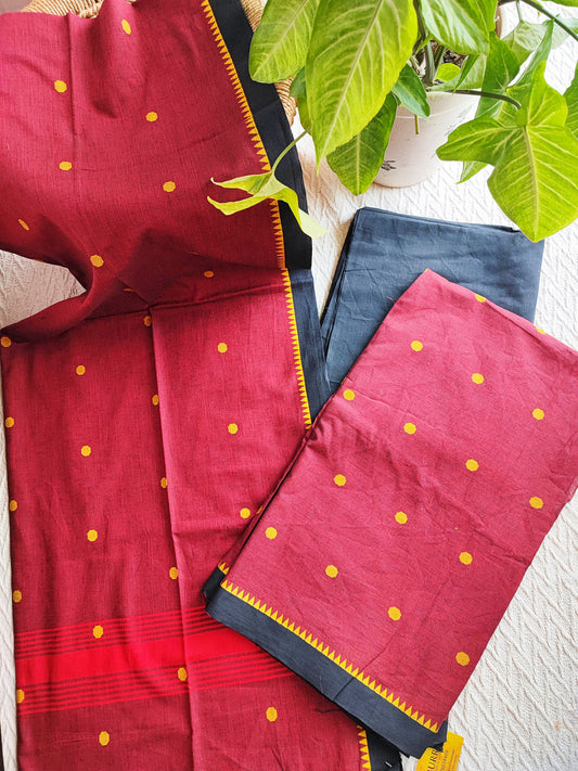 Red & Black Handloom Cotton Suit Set With Weaving