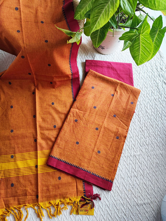 Sunset Orange Handloom Cotton Suit Set With Weaving