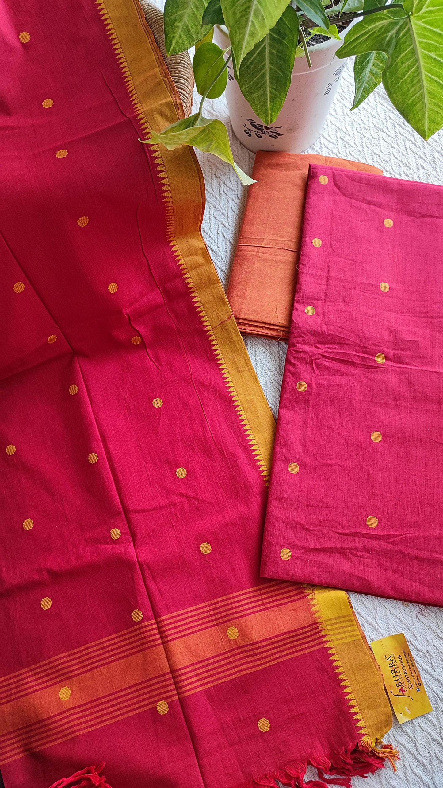 Hot Pink Handloom Cotton Suit Set With Weaving