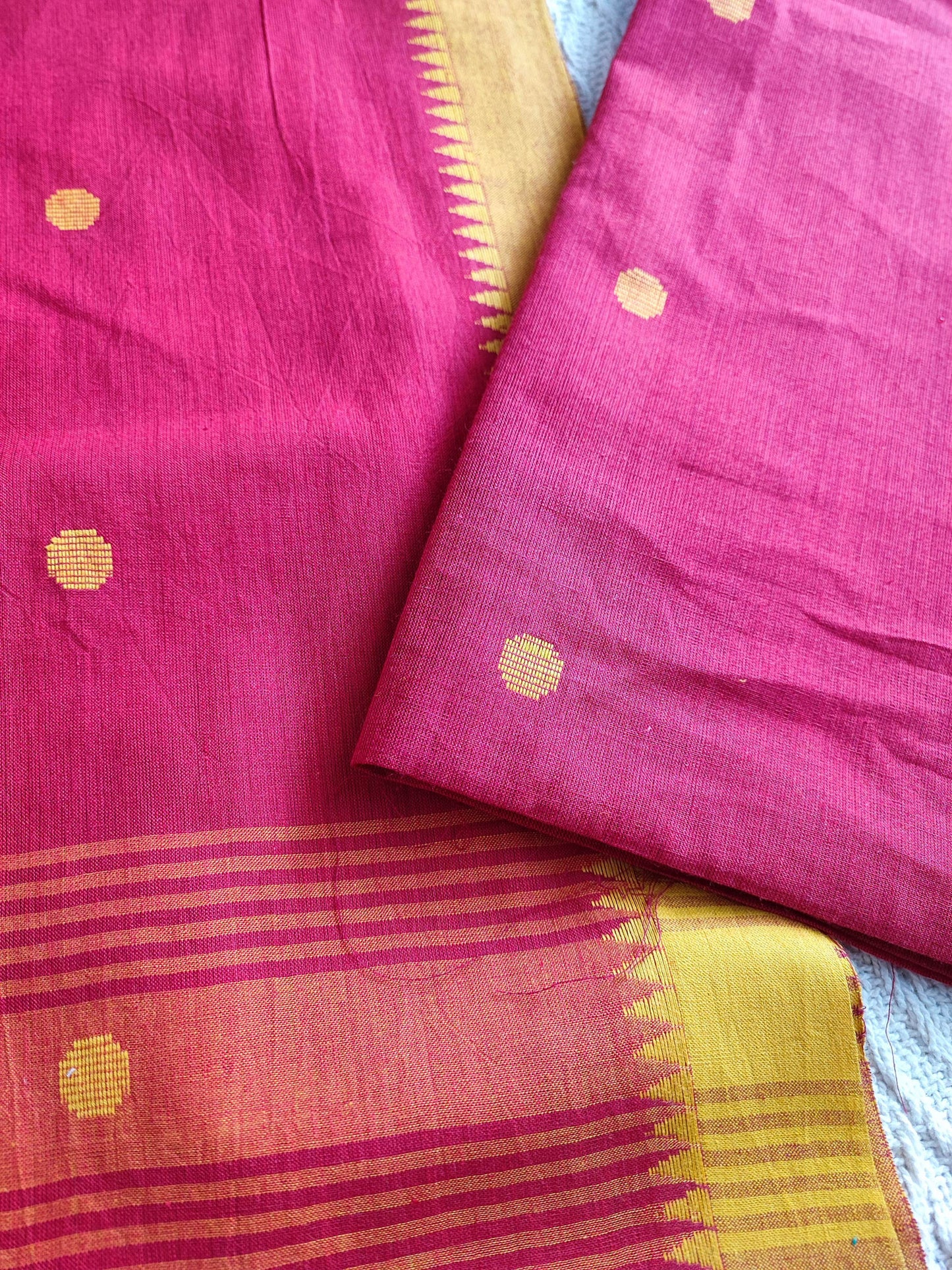 Hot Pink Handloom Cotton Suit Set With Weaving