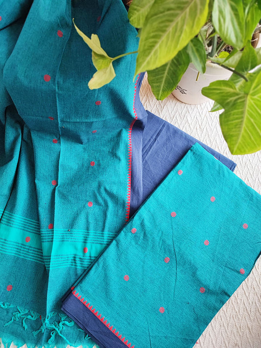 Teal Blue Handloom Cotton Suit Set With Weaving