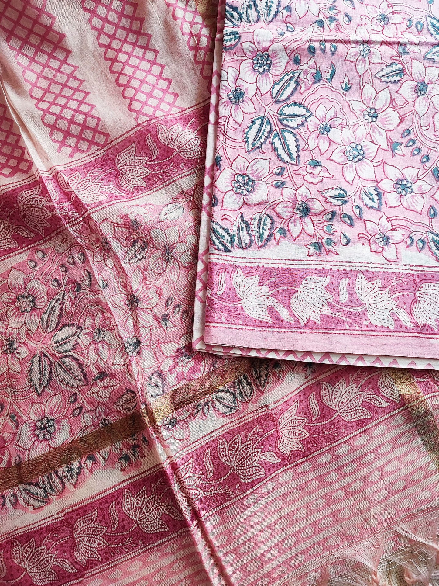 Magenta Pink Cotton Suit With Chanderi Cotton Silk Handblock Dupatta