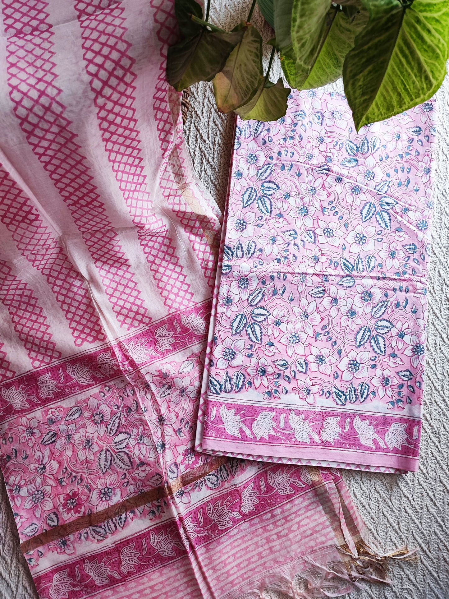 Magenta Pink Cotton Suit With Chanderi Cotton Silk Handblock Dupatta