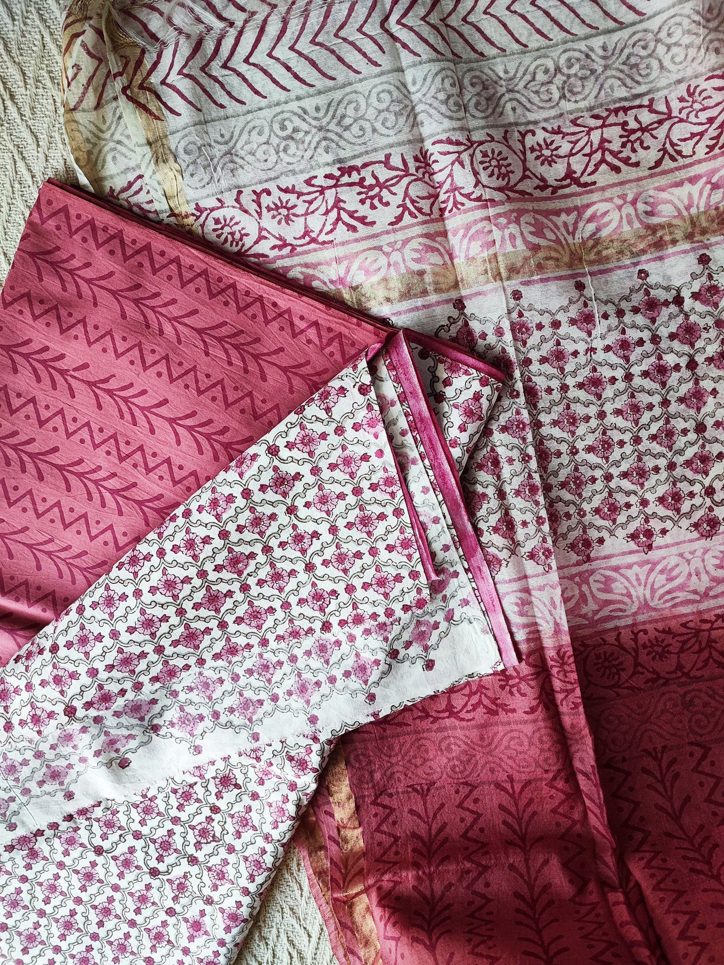 Rogue Pink & White Cotton Suit With Chanderi Cotton Silk Handblock Dupatta