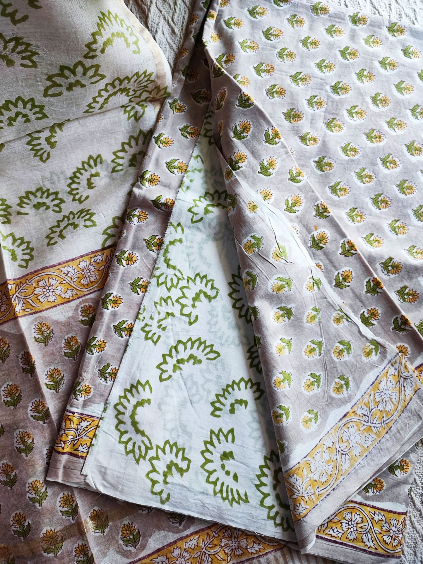 Mustard & Olive Green Cotton Suit With Chanderi Cotton Silk Handblock Dupatta