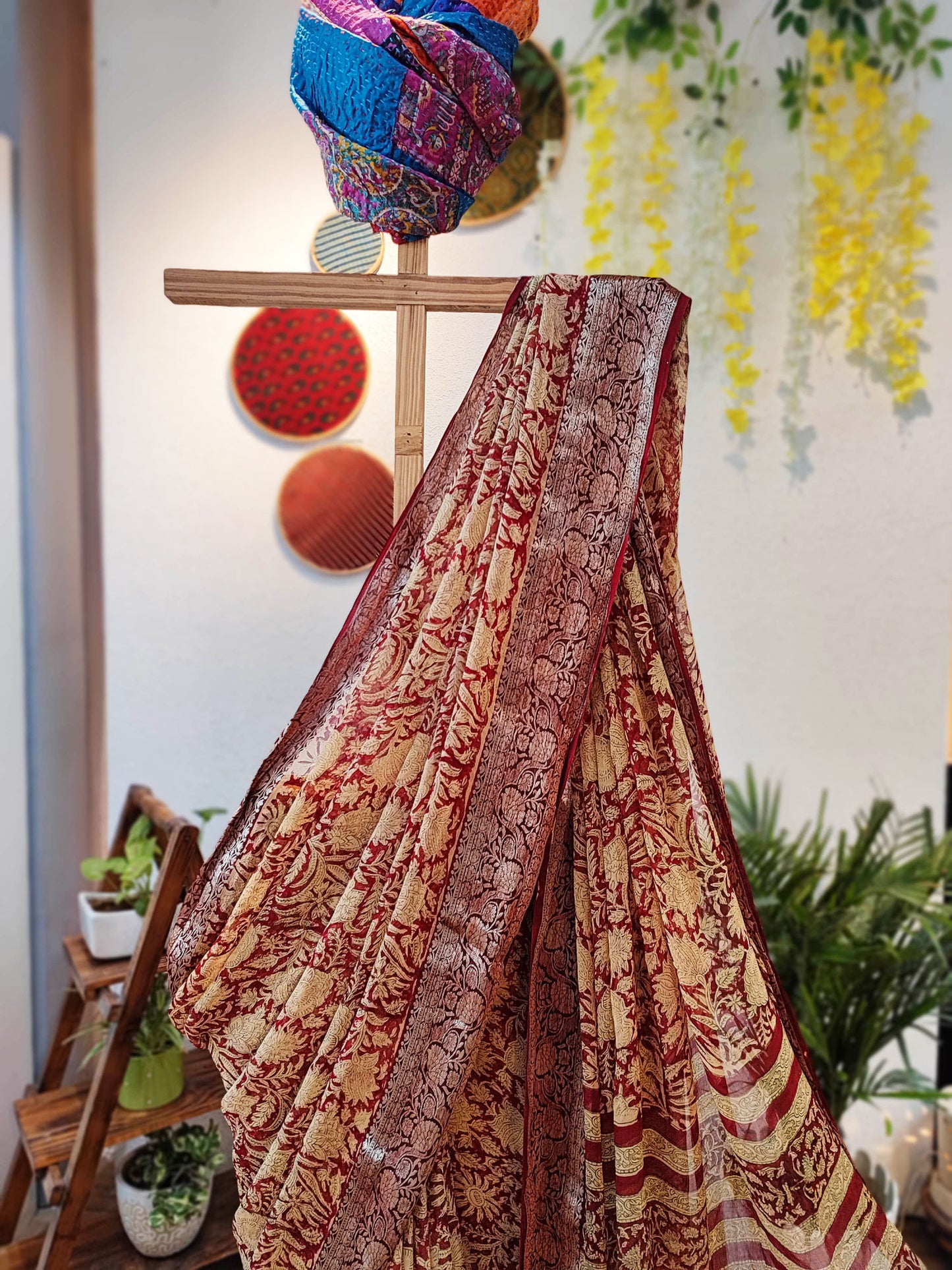 Red & Cream Chiffon Saree With Silver Border & Crape Blouse